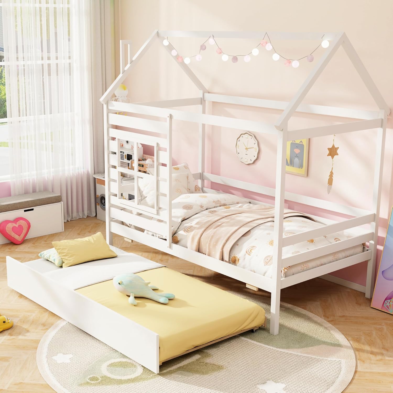 KOMFOTT Wood Twin House Bed with Trundle, Twin Bed Frame with Trundle, Roof, Chimney & Window, Wooden Slats Support for Kids, Teens, No Box Spring Required (White)