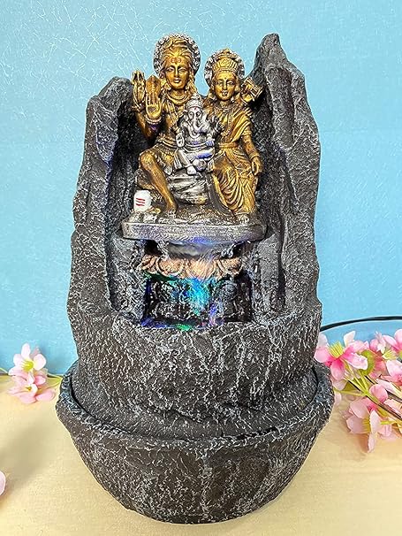 Global Grabbers Polyresin Table Top Indoor Outdoor Water Fall Fountain with LED Lights Home Decor Decoration Gift Gifting Items-GOL_GRY-SF99-(000)