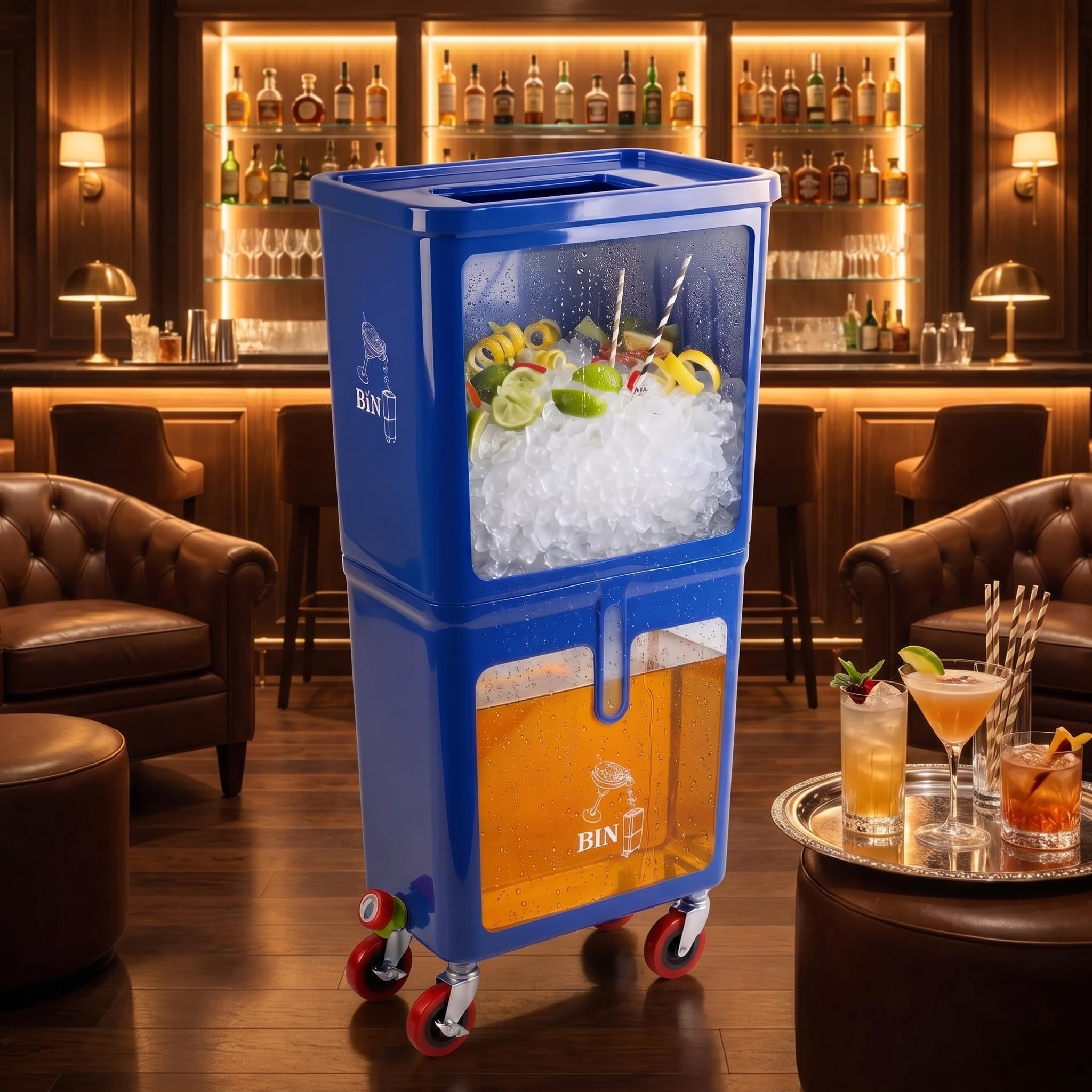 BiN - Doble compartimento con ruedas de bloqueo, eliminación de líquidos y basura, plástico resistente a fugas, uso comercial (azul)