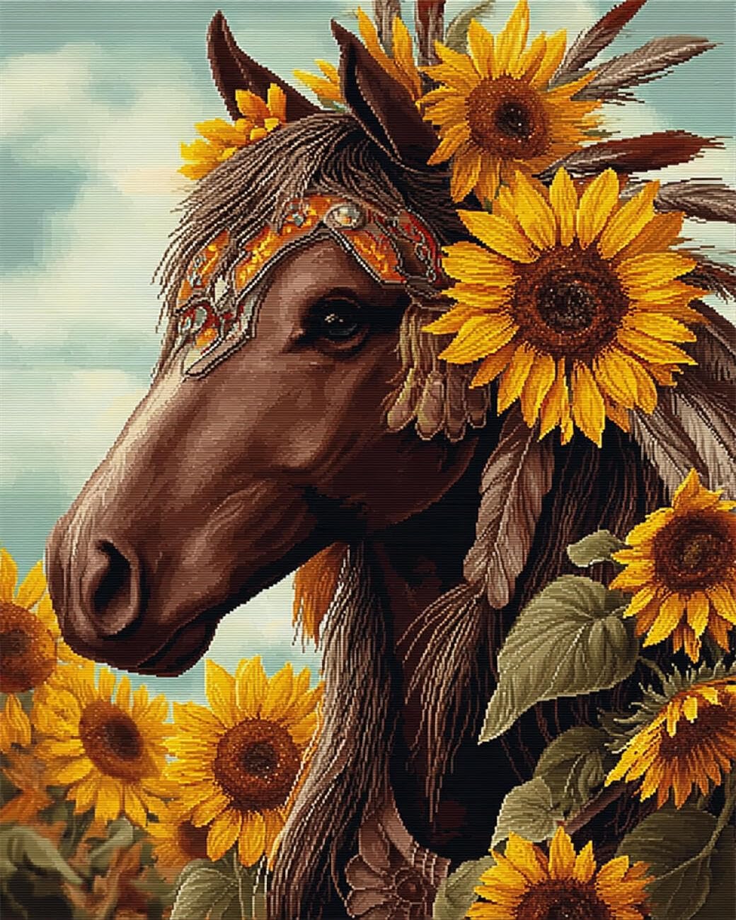 RKFLGEW DIY Seed Bead Embroidery Kits Horse and Sunflower 50x70cm
