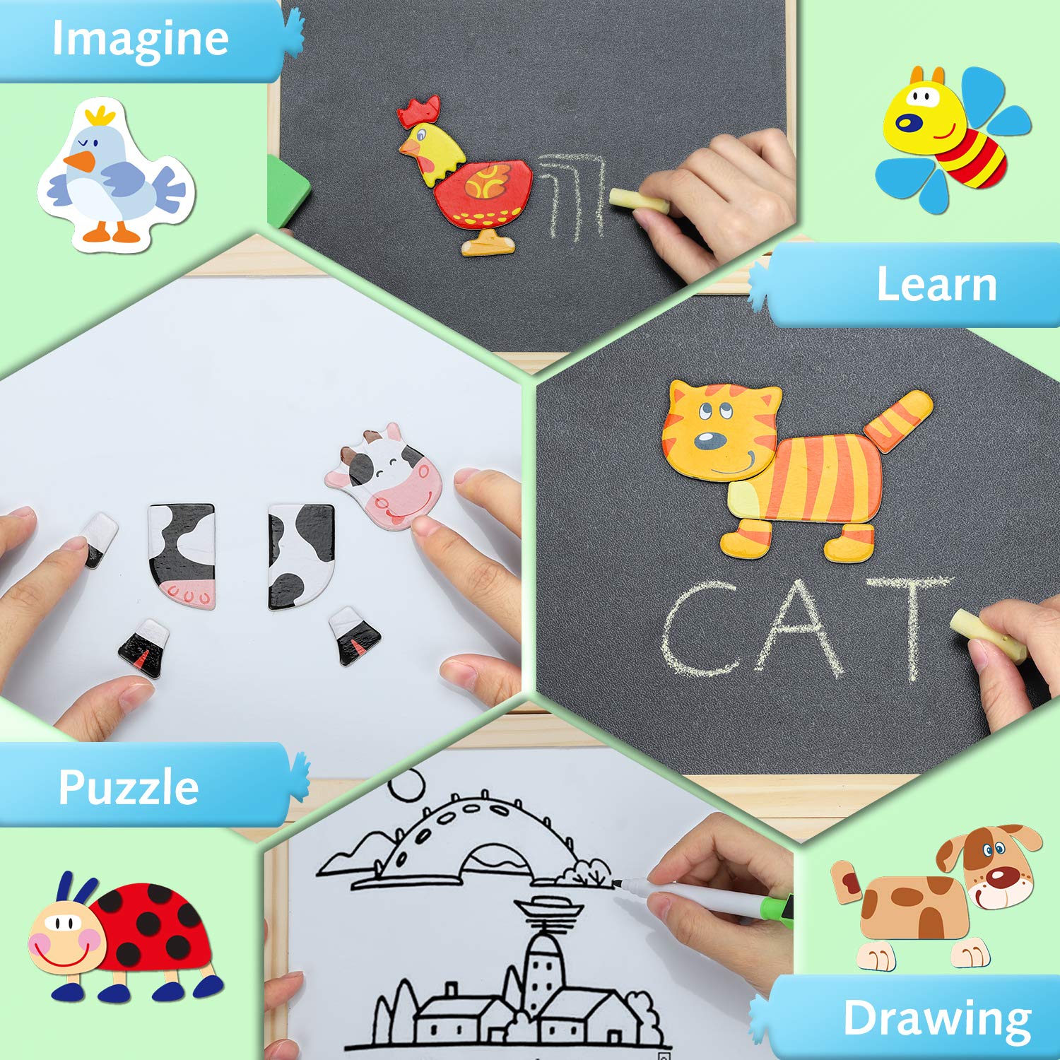 COOLJOY 100+ drewnianych puzzli magnetycznych, z motywem gospodarstwa, dwustronne drewniane puzzle, edukacyjna tablica rysunkowa, drewniana zabawka dla dzieci, chłopców, dziewcząt w wieku 3, 4, 5 lat