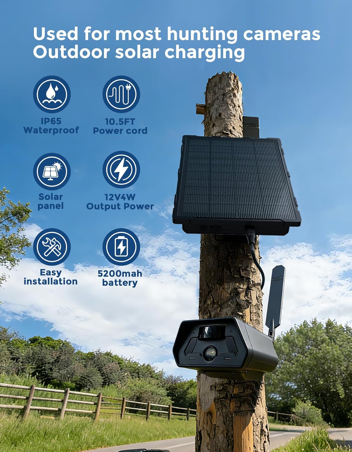 Solar Panel for Trail Camera - 6000mAh Battery, 12V Output, Compatible with Tactacam Reveal & Defend Cameras, IP66 Waterproof Kit