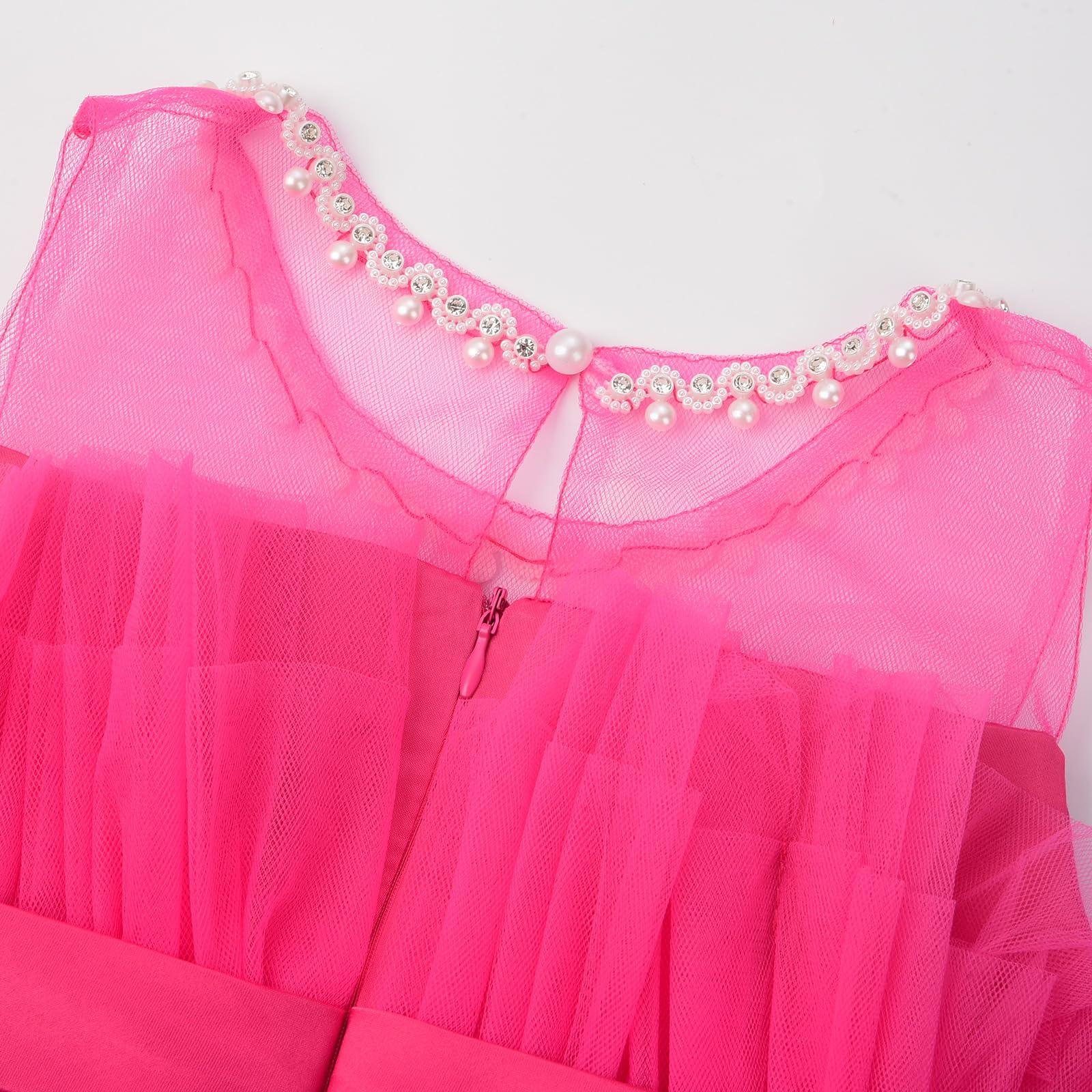 Uhnice Blumenmädchenkleid mit Schleife, ärmellos, Tüllkleid mit Perlen für Hochzeit, Geburtstag, Party