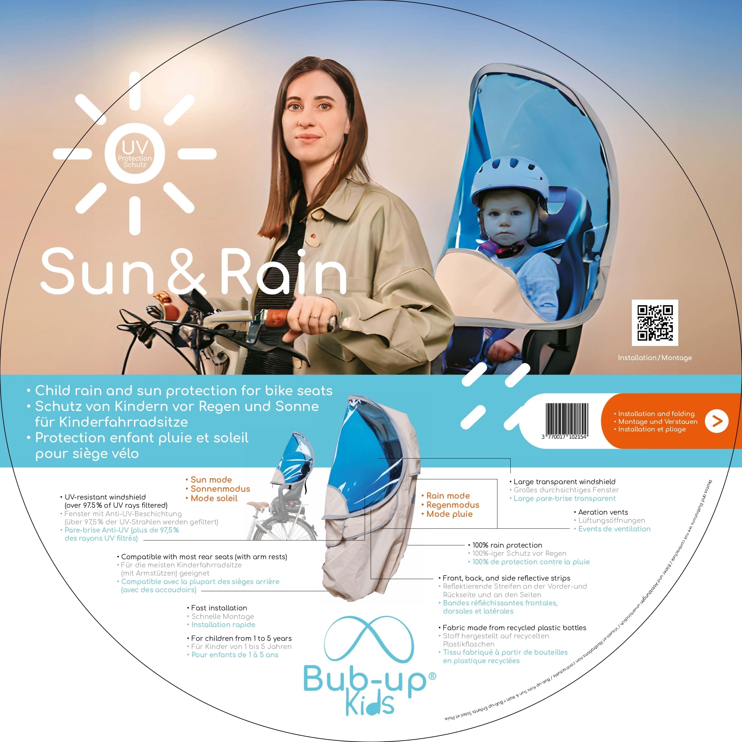 Bub-up Kids Sun & Rain - Protezione dei Bambini dalla Pioggia e dal Sole per seggiolini da Bici e marsupi. Protezione Antipioggia per Bicicletta per Bambini e Parasole Anti-UV per Neonati.