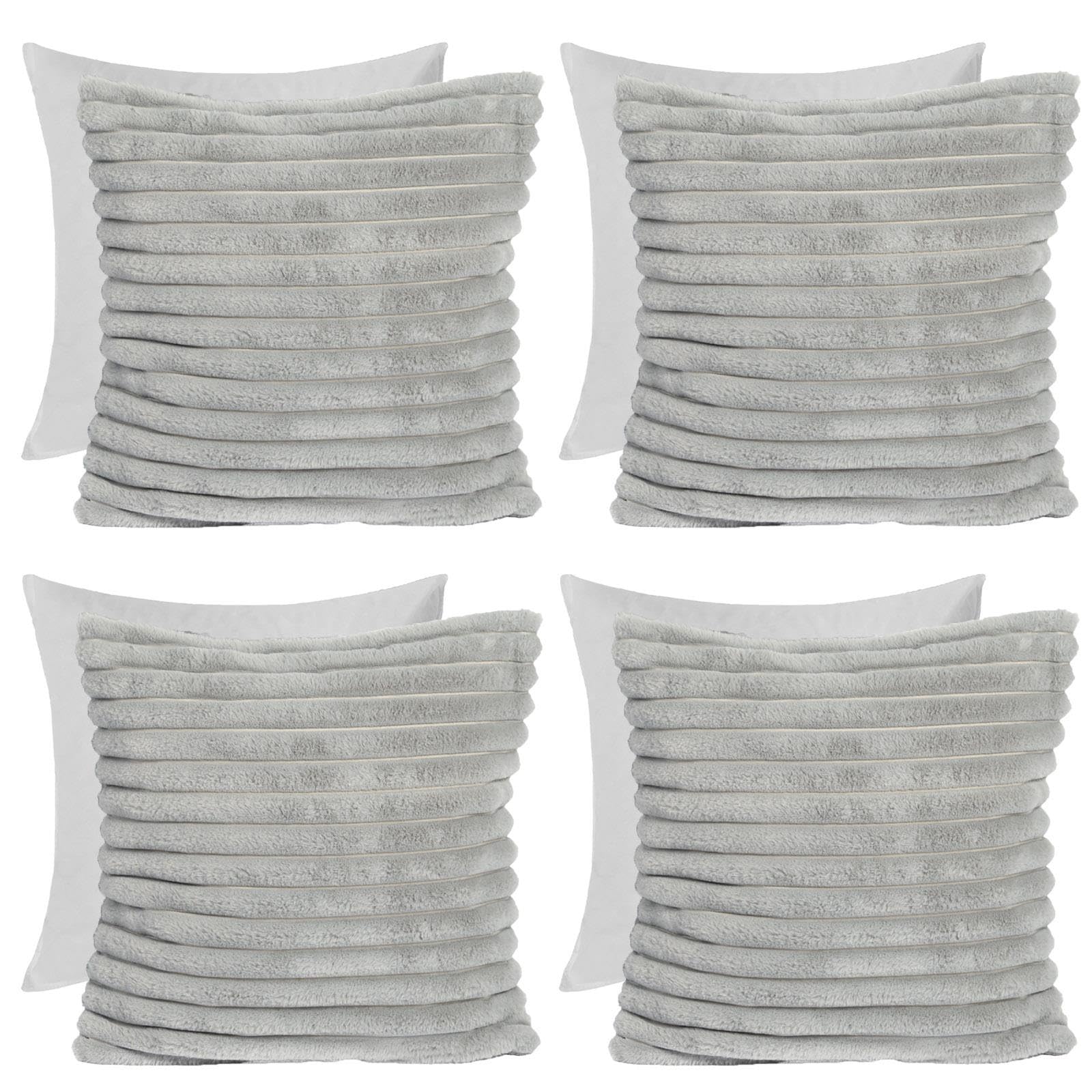 Ohs Grey Faux Fur Cushions With Covers Included Set, Filled Cushion Pads Sofa Cushions Throw Pillow Ultra Soft Comfy Living Room Lounger Cushions, Set Of 4