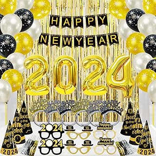 New Years Eve Party Supplies 2024 - Happy New Year Decorations Kit - Includes Banner, Hats, Glasses, Tiaras, Balloons, Squawkers and Fringe Curtain - Accessories for Adults Kids Party Decor