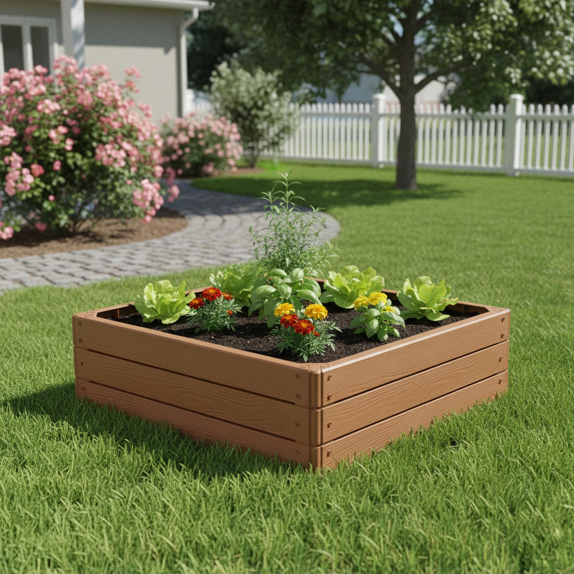 Pincho Jardinera Elevada de Plástico 75x75x25 cm Huerto Urbano para Terraza, Jardineras Exterior Grandes, Bancal para Huerto Modular, Jardinera Grande con Acabado Madera - Resistente a Intemperie