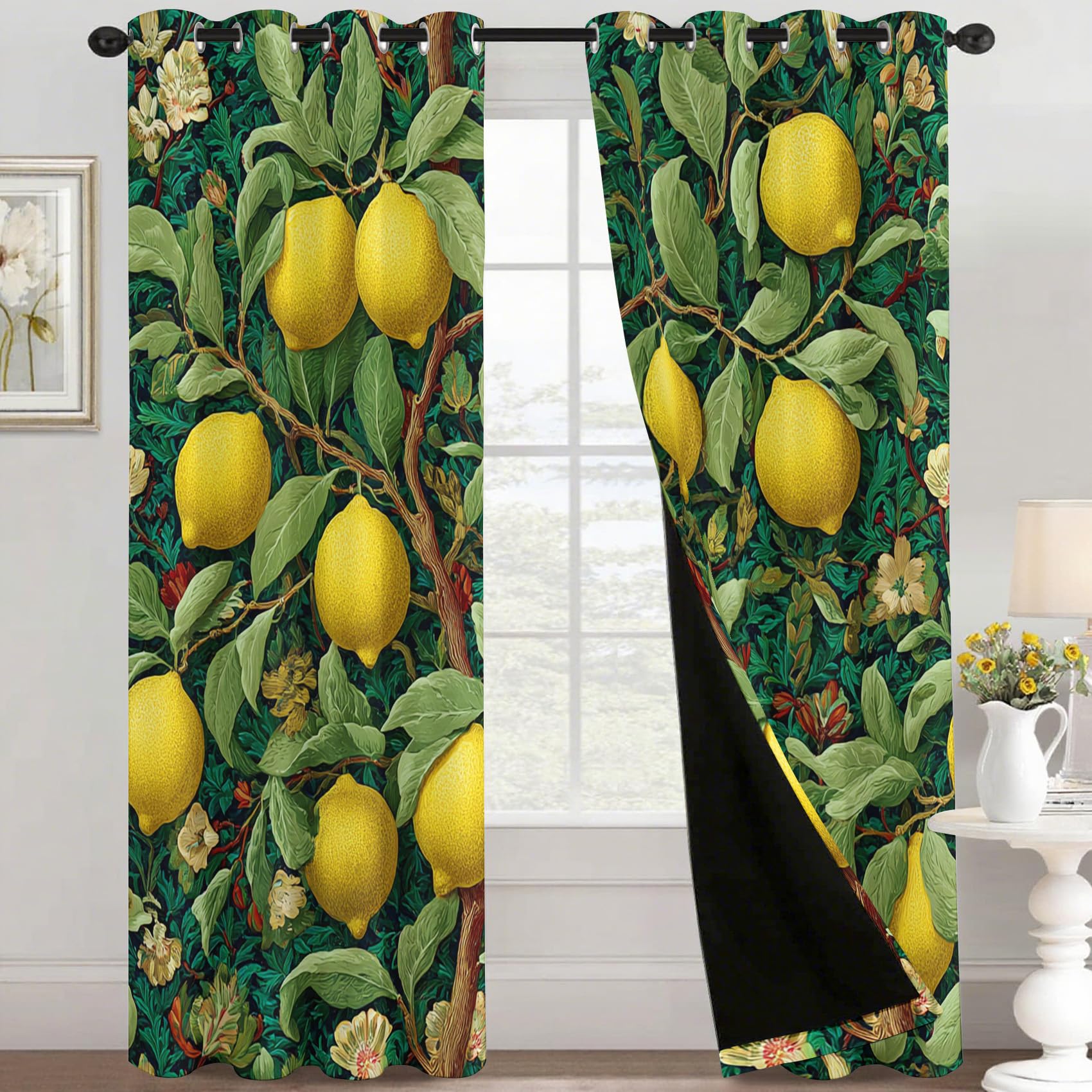 Rideau Citron Occultant Motif Vintage Fruit Arbre Rideaux Chambre Salon Cuisine 140 x 245 cm, Oeillets Rail Rideaux Occultants Thermique