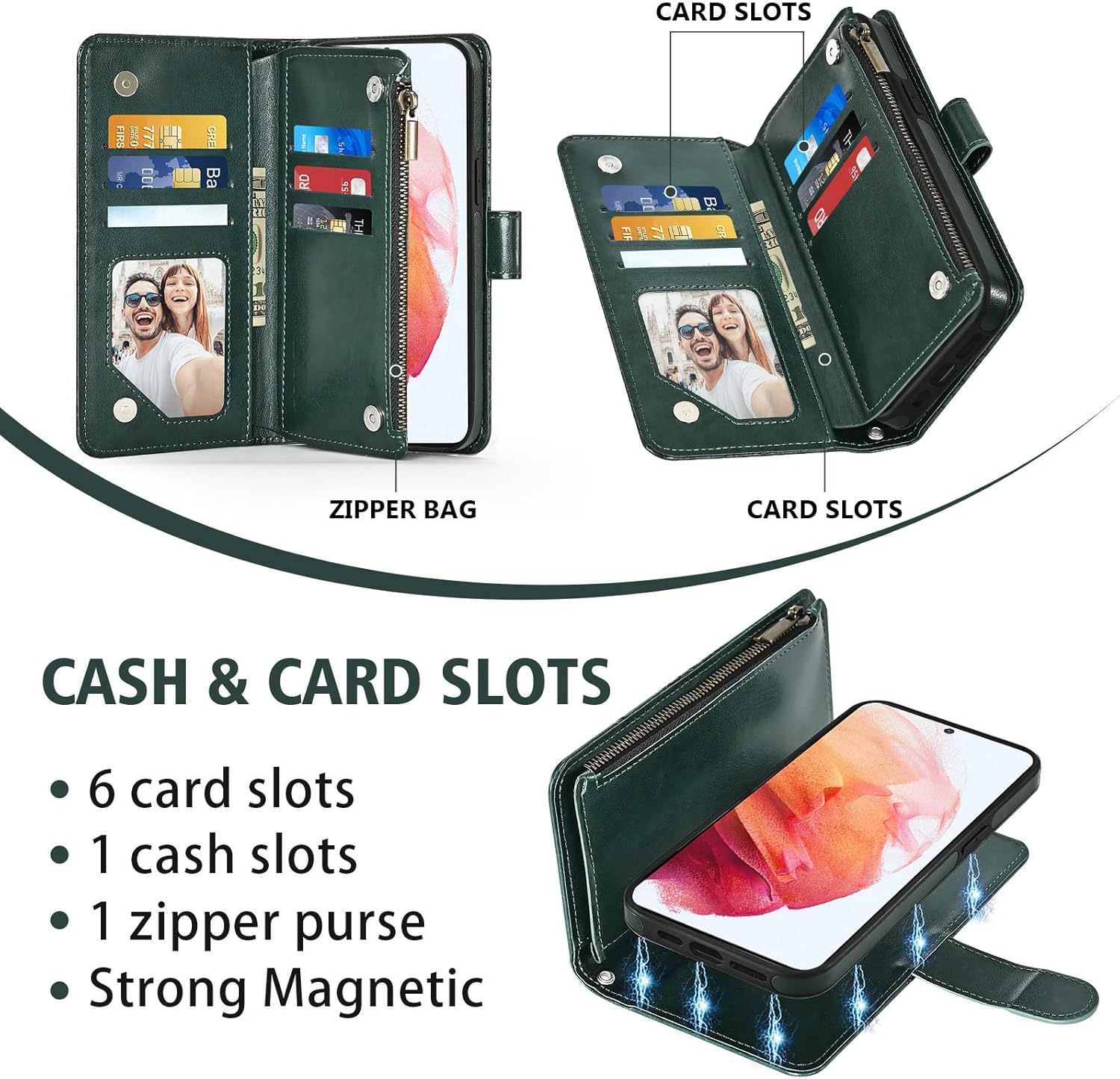 Asuwish Phone Case for Samsung Galaxy S21 5G 6.2 inch Zipper Wallet Detachable Cell Cover with Tempered Glass Screen Protector Crossbody Lanyard Strap Flower Card Holder S 21 21S G5 Women Dark Green