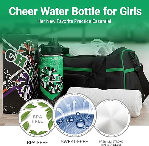 Miniatura 3 de Botella de agua Cheer de 18 onzas para niñas, botella deportiva de acero inoxidable aislada con asa, regalo de animadora a granel para regalos del