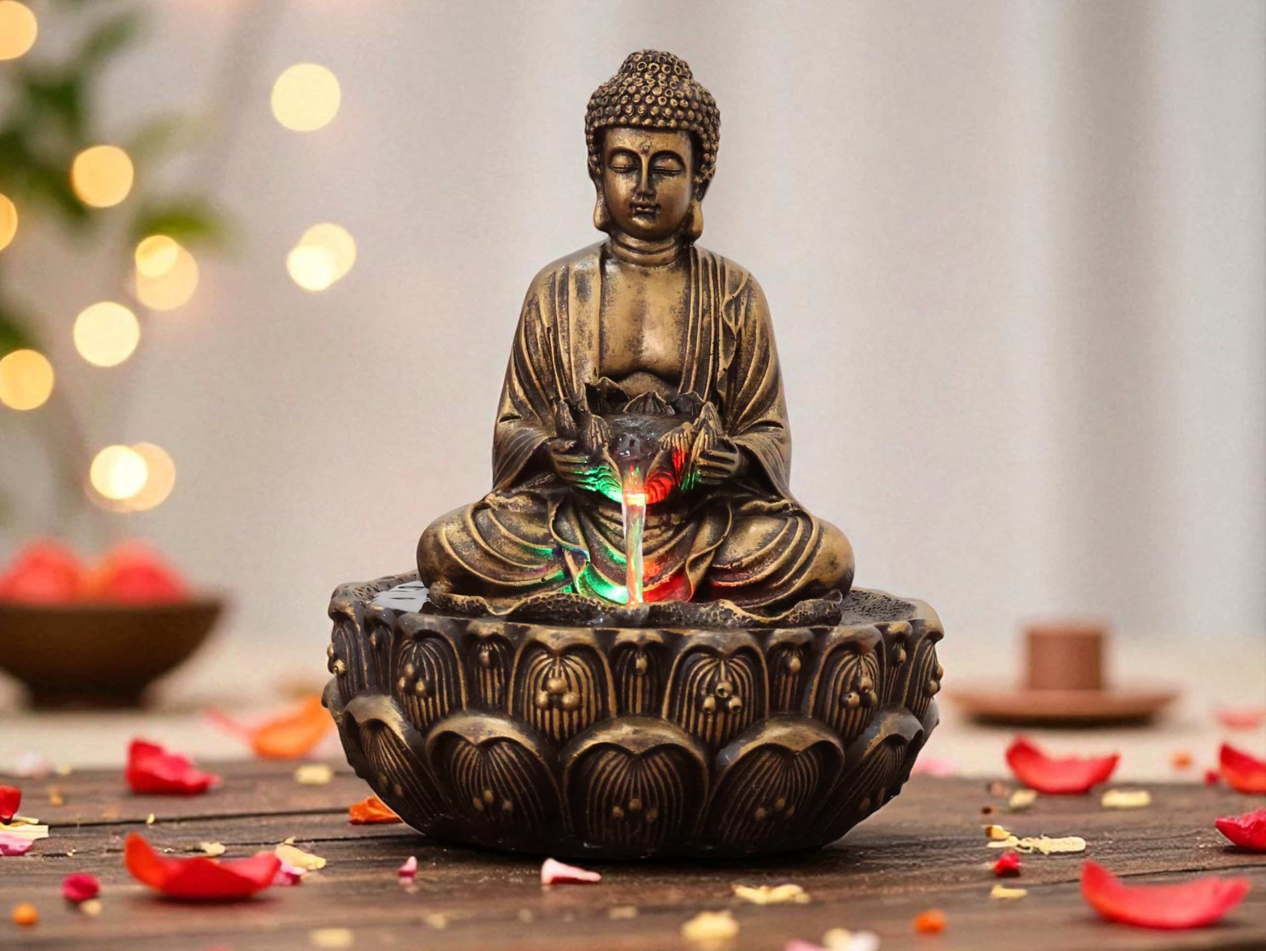 KridayKraft Water Fountain Buddha Meditating Idol Polyresin Lotus Water Fountain Exhibition Room for Home, Garden, Living Room, Decoration Gift Items,