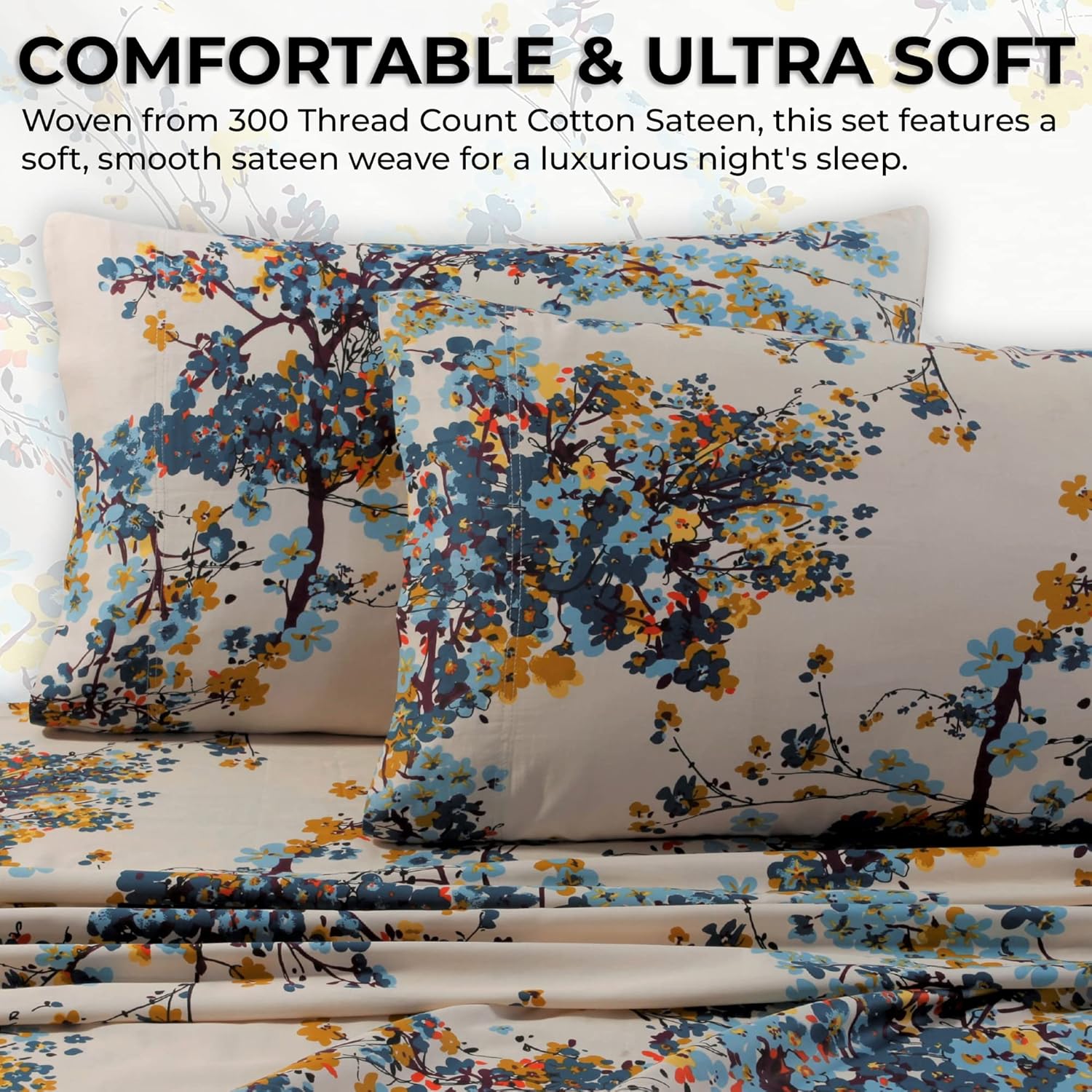 Tribeca Living Deep Pocket Queen Size Sheet Set - 300 Thread Count Cotton Sateen Sheets with 22-Inch Extra Deep Pockets, Oeko-Tex Certified, 4 Bedding Set in Casablanca Multi Print - Image 3