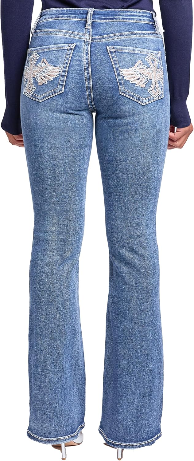 YMI Womens YMI Jeans Women's Mid Rise Heavy Stitch Bootcut Cross Studded Jeans - Image 3