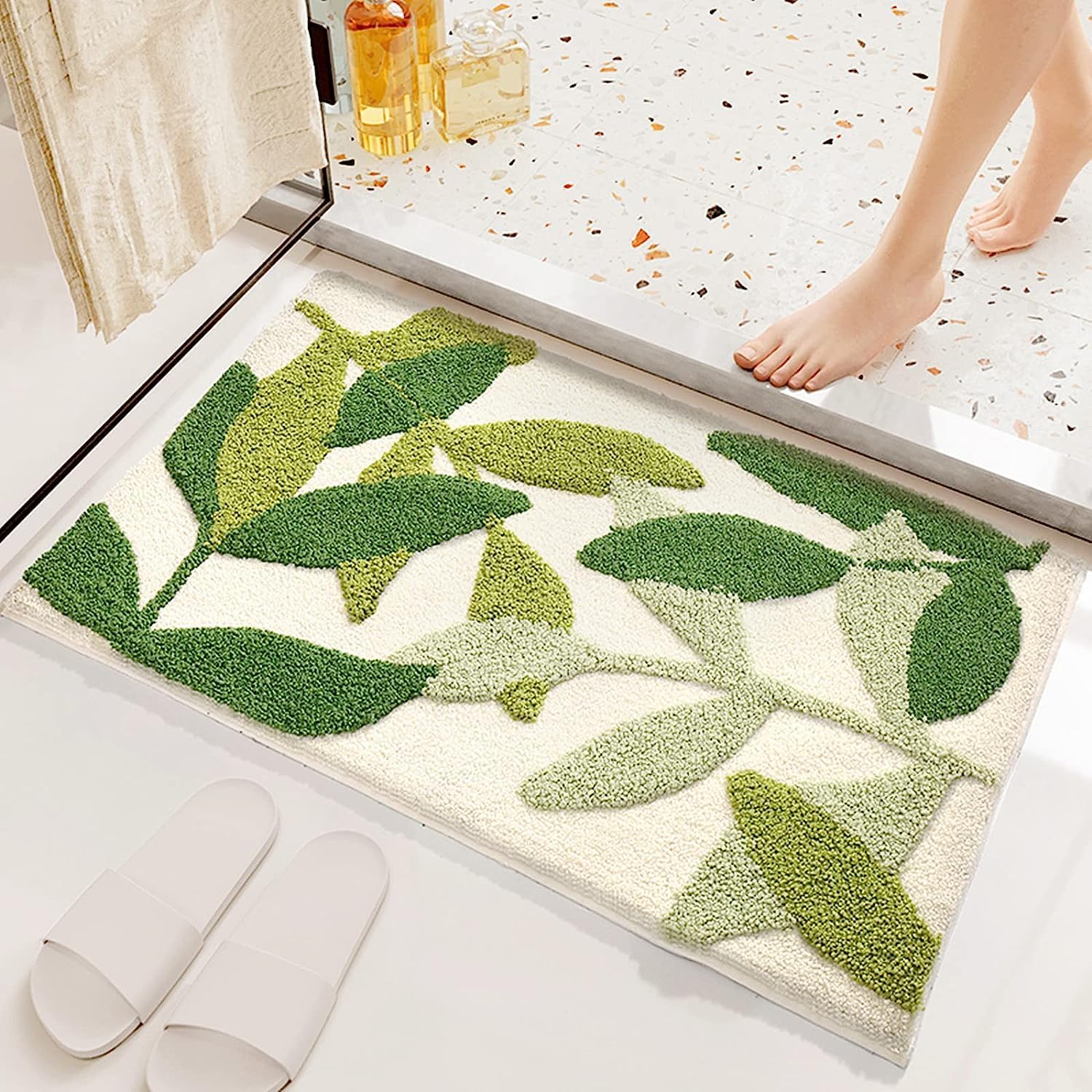 Green Leafy Plush Bathroom Rug