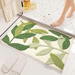 QIUKUN Bathroom Rug Mat Leaves Plush Microfiber Strong Water Absorbent Green Bath Rug with Non Slip Back Small Bath Mat Cute Indoor Shower Mat Doormat for Bathroom