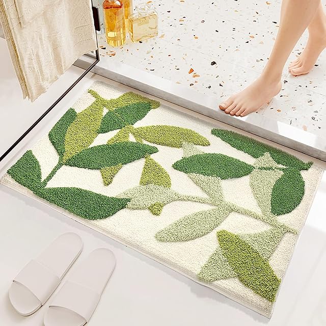 QIUKUN Bathroom Rug Mat Leaves Plush Microfiber Strong Water Absorbent Green Bath Rug with Non Slip Back Small Bath Mat Cute Indoor Shower Mat Doormat for Bathroom
