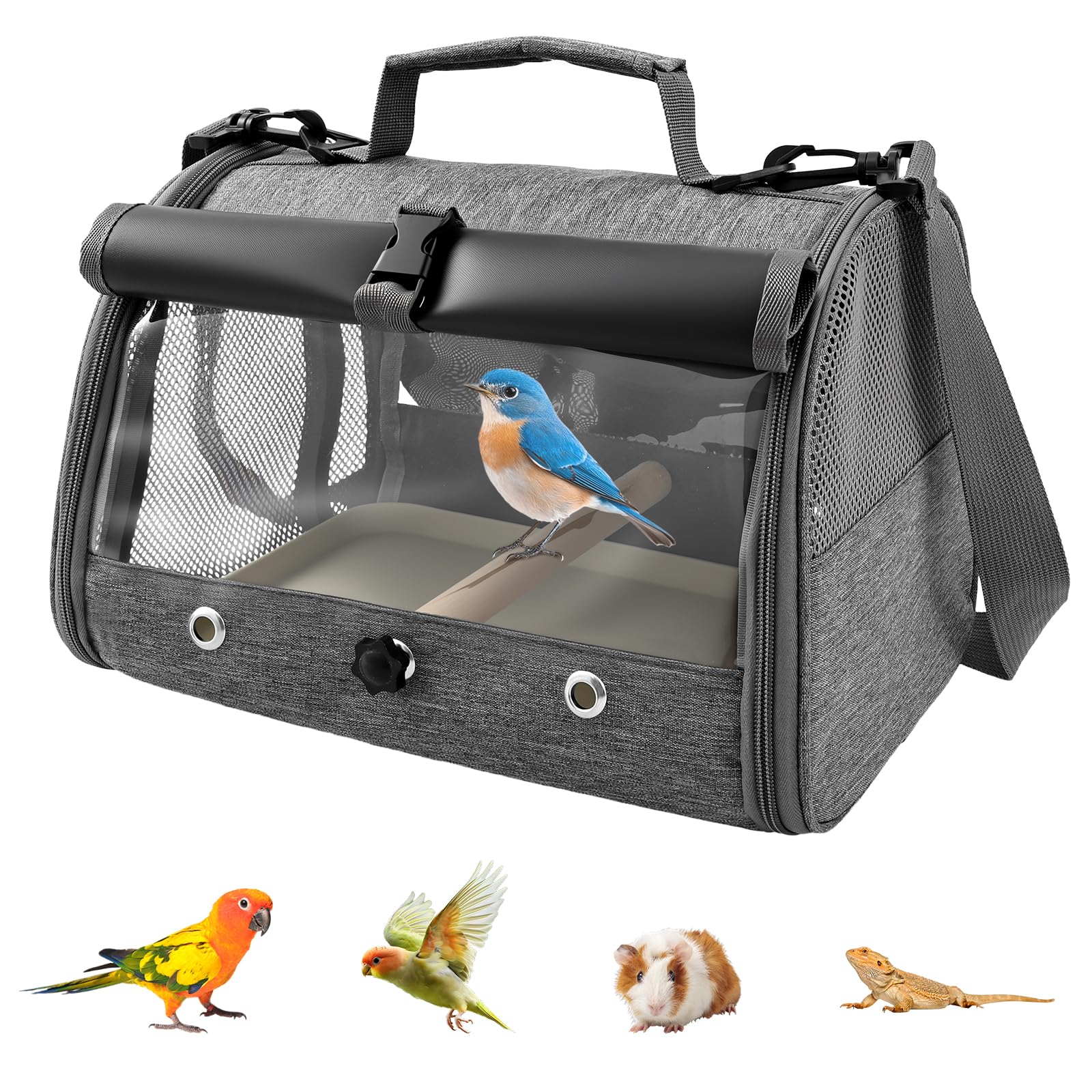 Bird Carrier Travel Cage with Standing Perch, Tray and Clear Window Portable Lightweight Small Bird Travel Bag Parrot Carrier for Parrot Parakeet Budgie Cockatiel Hamster Rabbit 34x24.5x24cm