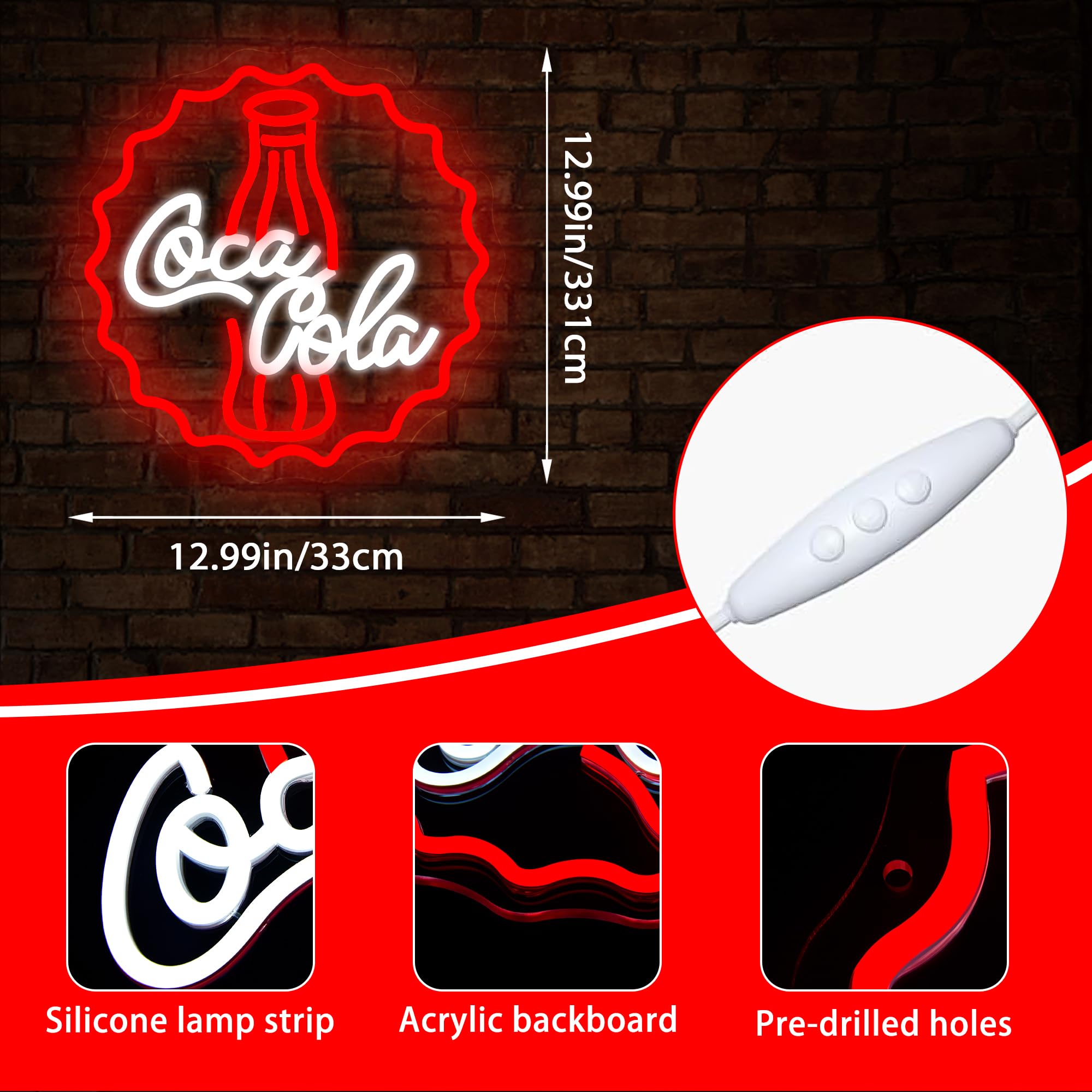 Cola Neonschild für Wanddekoration, dimmbares Neonschild für Männerhöhle, Neonlichter für Schlafzimmer, LED-Geschäftsschilder, geeignet für Bar, Zuhause, Bar, Geschäft, Bistro, Party, Club, Restaurant