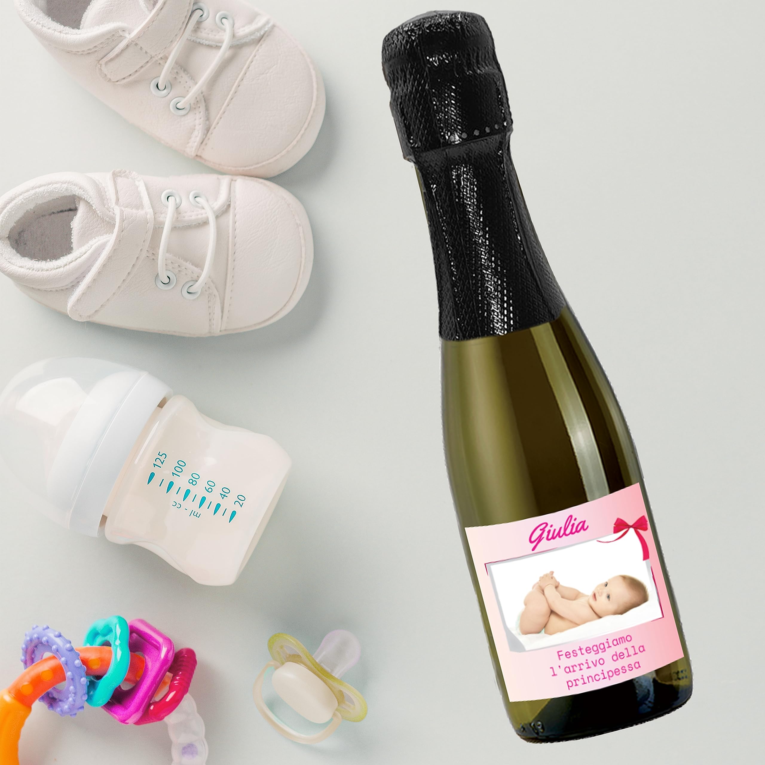 24 Bottiglie mignon di Prosecco DOC Spumante Extra Dry Personalizzato - Idea esclusiva e originale per bomboniere di battesimo (Principessa)