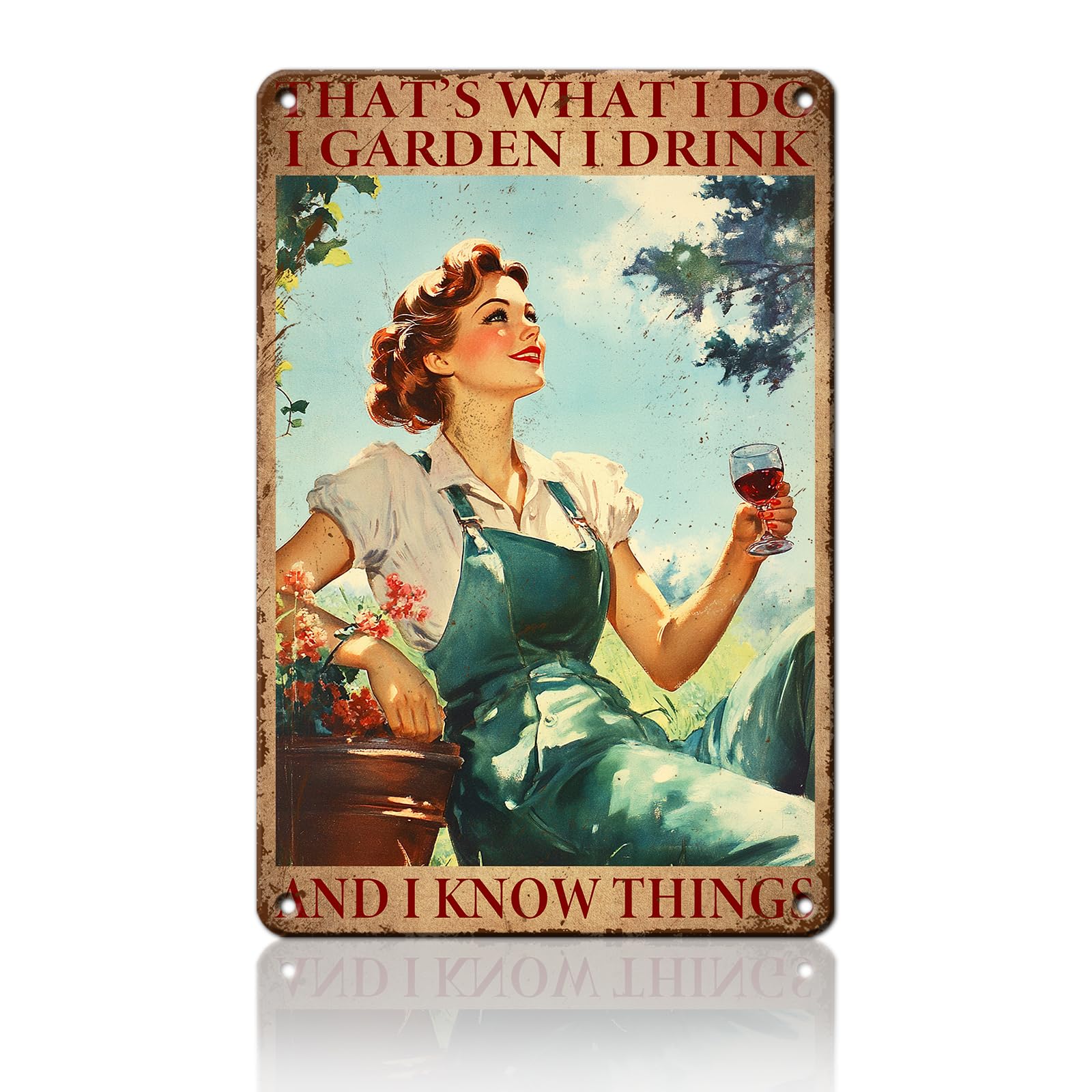Anceky Vintage Metal Sign Lady That's What I Do I Garden I Drink and I Know Things Tin Sign Wall Decor for Kitchen Bar Plub Outdoor Home 12×16 Inch