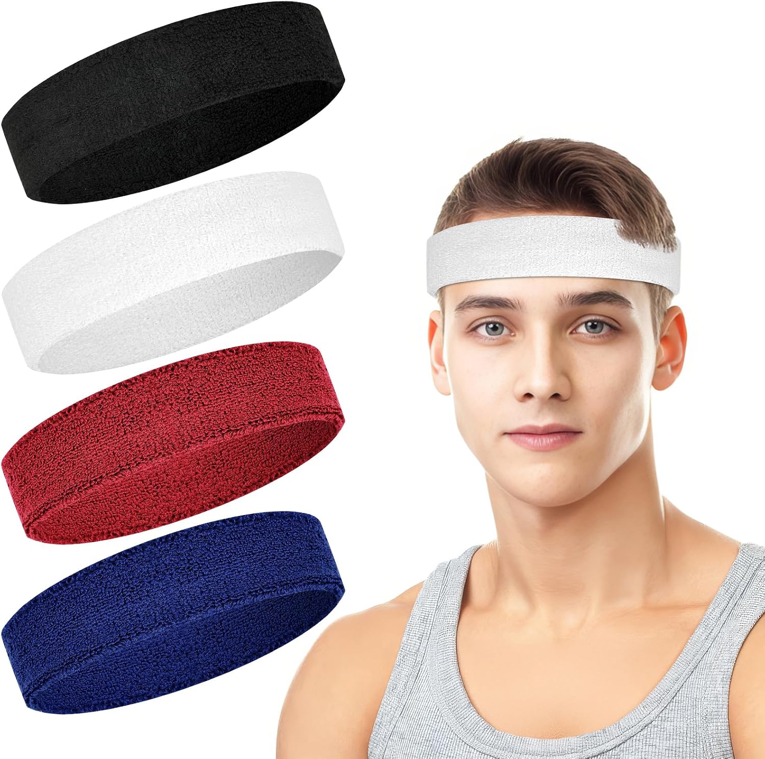 4 Pack Cotton Terry Sweat Headbands, Sports Headband for Men & Women, Running, Tennis, Basketball, Gym Workout