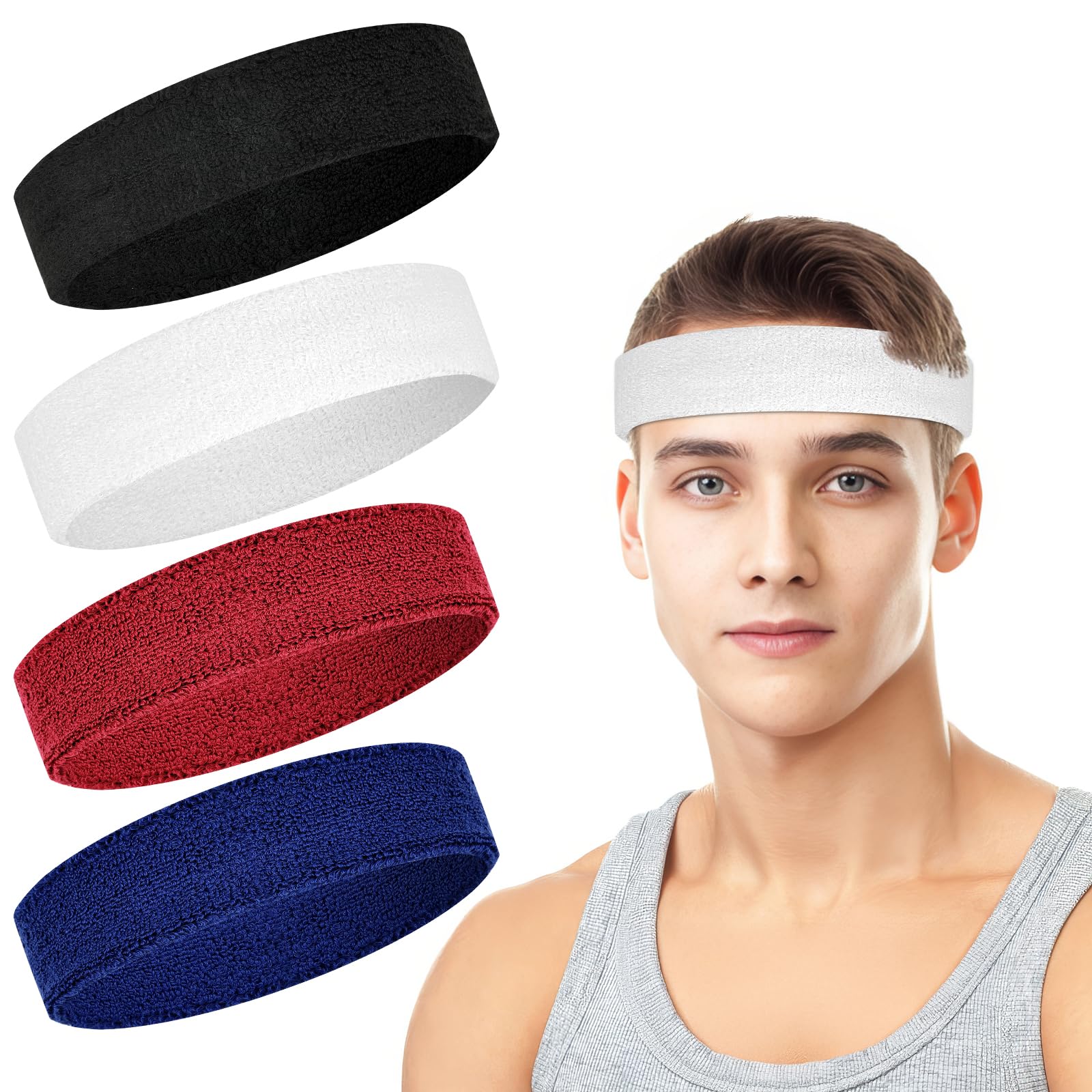 4 Pack Cotton Terry Sweat Headbands for Men Women Running Gym