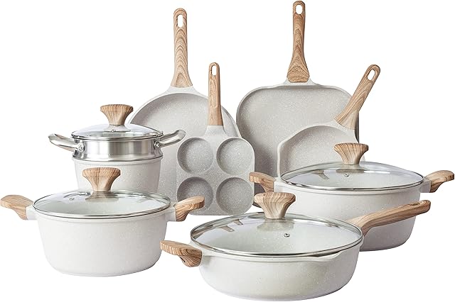 Country Kitchen Nonstick Induction Cookware Sets - 13 Piece Nonstick Cast Aluminum Pots and Pans with BAKELITE Handles - Induction Pots and Pans with Glass Lids -Cream