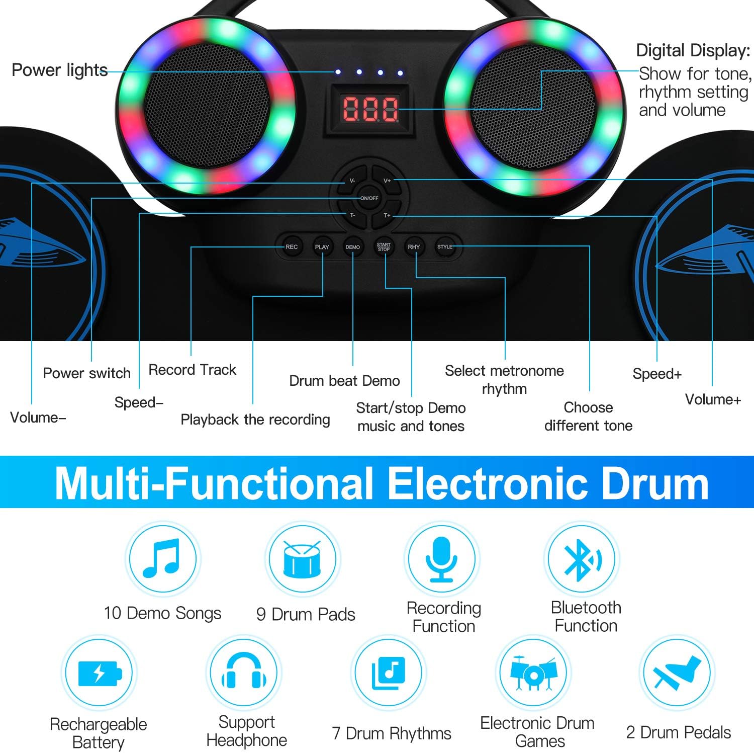 Electronic Drum Set, Portable Roll-Up Drum Practice Pad, 9 Pad Digital Drum Kit, Built-in Dual Stereo Speakers, Bluetooth Wireless Electric Drums for Kids Beginner Great Holiday Birthday Gift