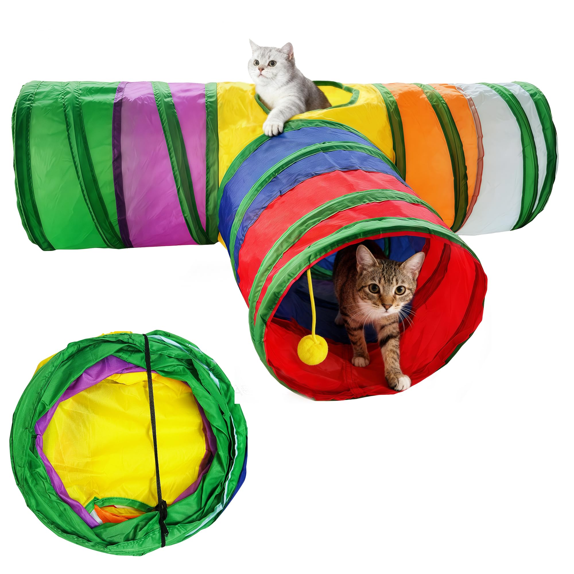 Cat Tunnel,Cat Tunnels for Indoor Cats Interactive, Pet Tunnel Toys for Cats Kitten Rabbits,3 Way Collapsible,Rainbow L 32" T Shape