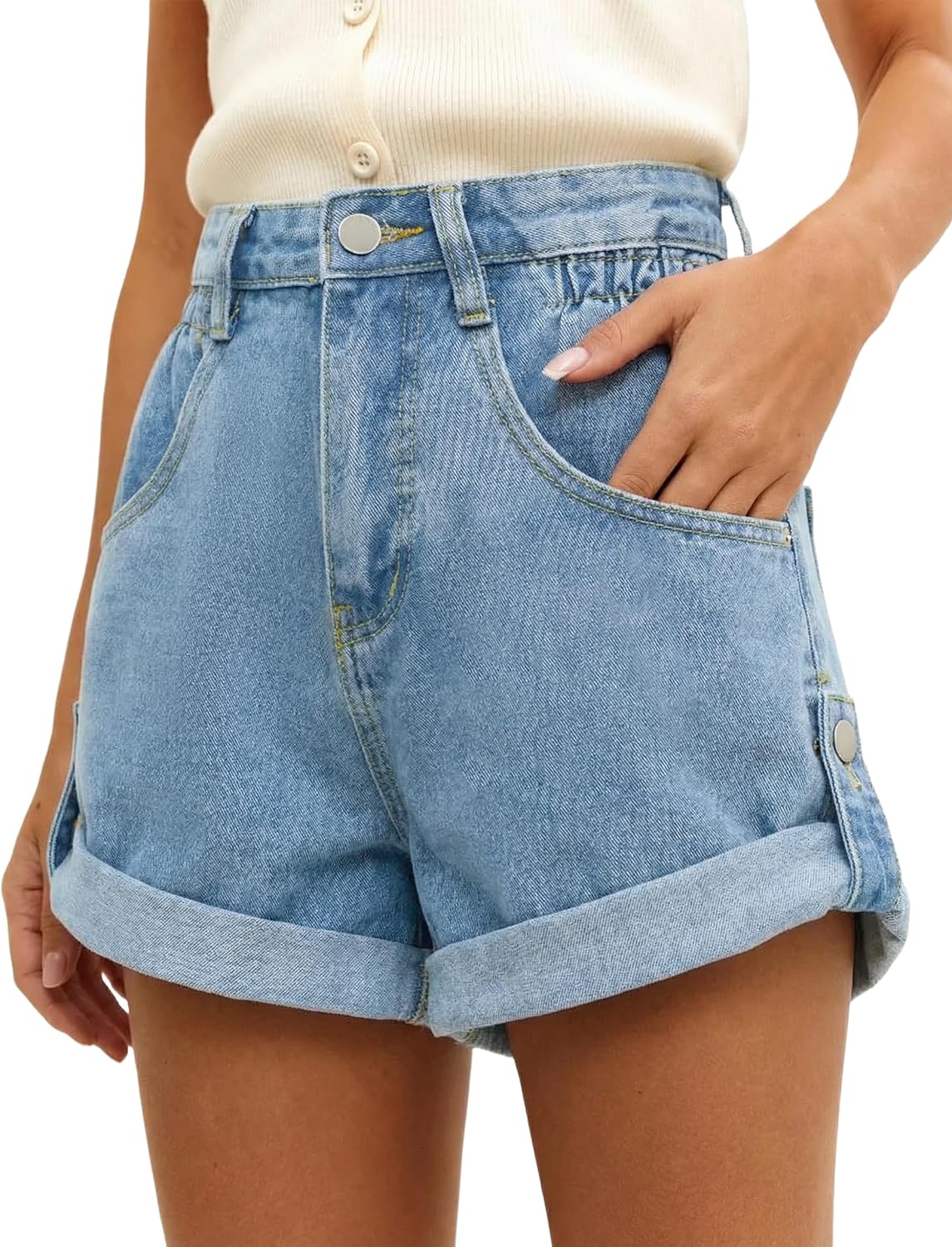 BISUAL Womens Jean Shorts High Waisted Denim Shorts Stretchy Rolled Folded Hem Summer Casual Jorts with Pockets