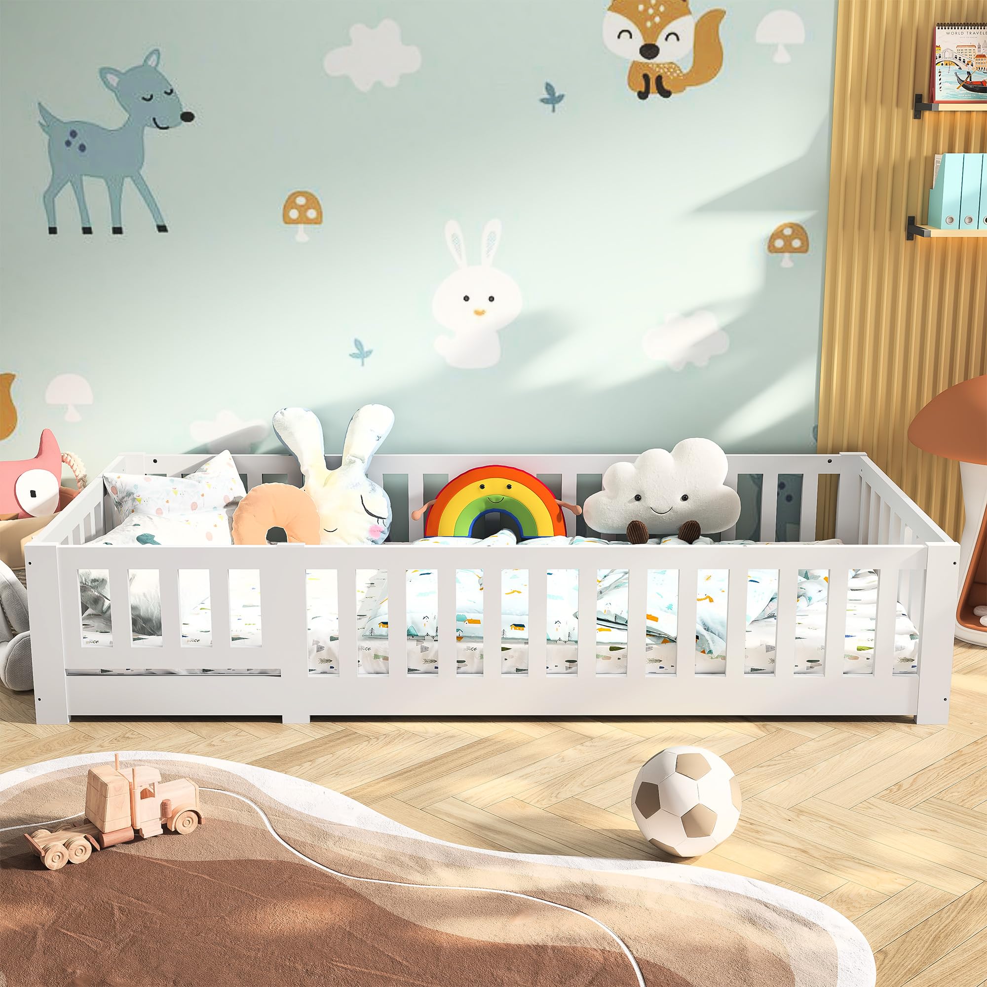 LIVLUX Lit Enfant 90x200 cm,Lit au Sol,avec Barrière de Sécurité et Sommier à Lattes,lit Montessori,Bois Massif Pin, Blanc,pour Chambre de Garçons Filles (90 x 200 cm)
