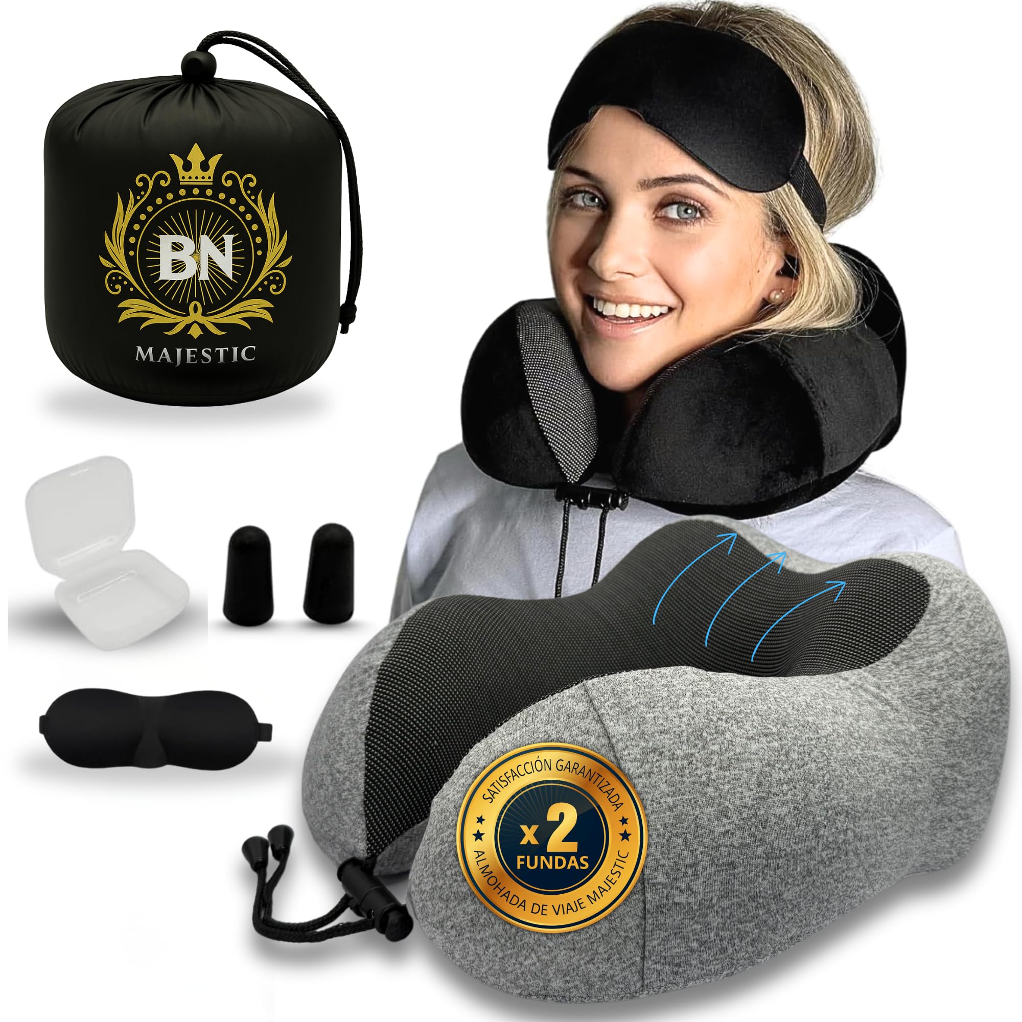 majesticBN Almohada de Viaje Viscoelástica | Cojín Cervical Ergonómico | Funda de Repuesto + Bolsa Compacta | Antifaz y Tapones para Oídos | Almohada para Avión, Coche y Oficina | Suave y Transpirable