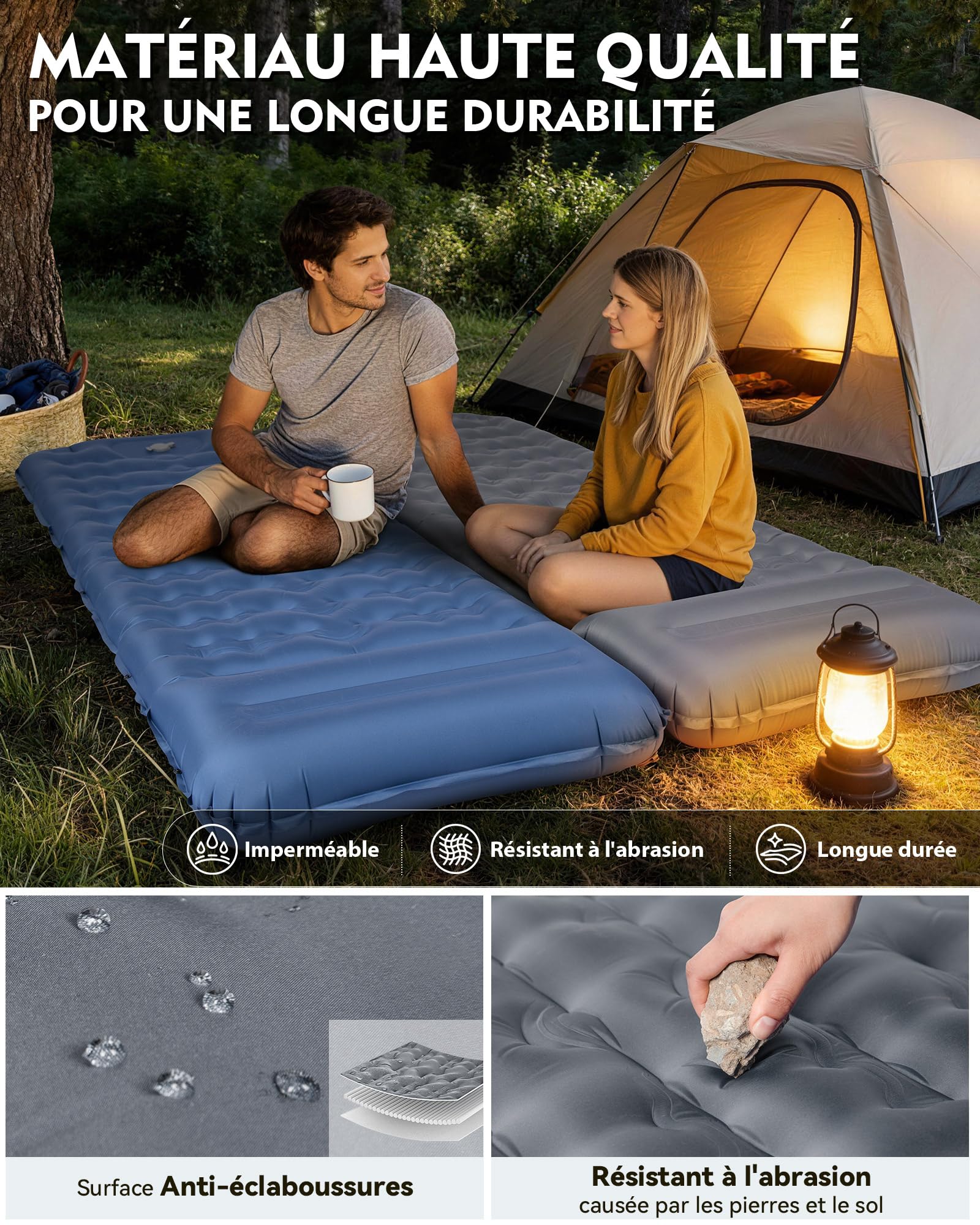 Matelas Camping Autogonflant 1 Personne 12 cm HIKENTURE avec Oreiller Intégré et Pompe à Pied - Gris