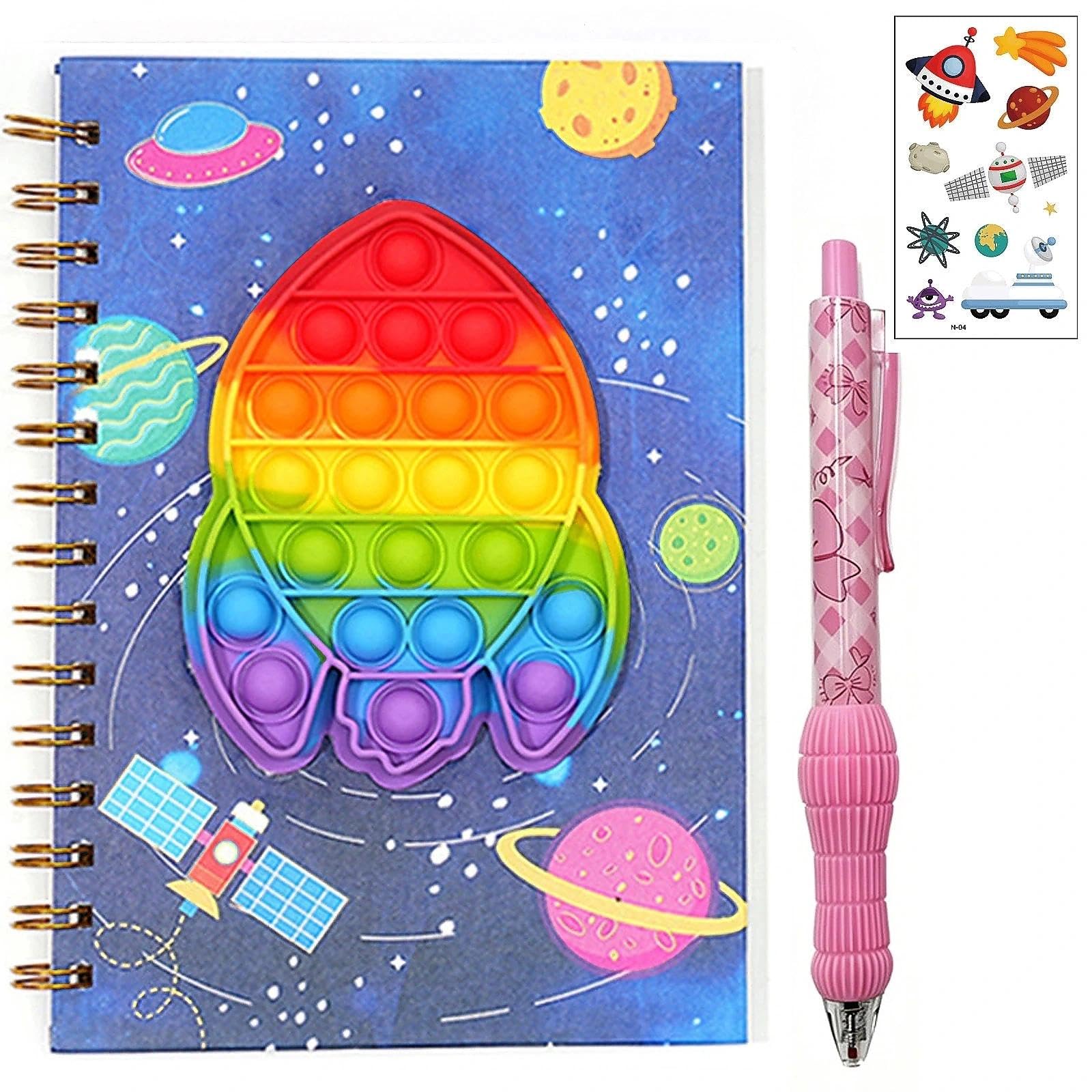 HUANYO Dopamine Notebook for Stress Relief & Happy Mood – A5 Spiral Journal with Pen & Stickers, 160 Pages, 8.27 x 5.71 Inches – Fun Diary for Girls Ages 6-12, Kids Present (rocket)