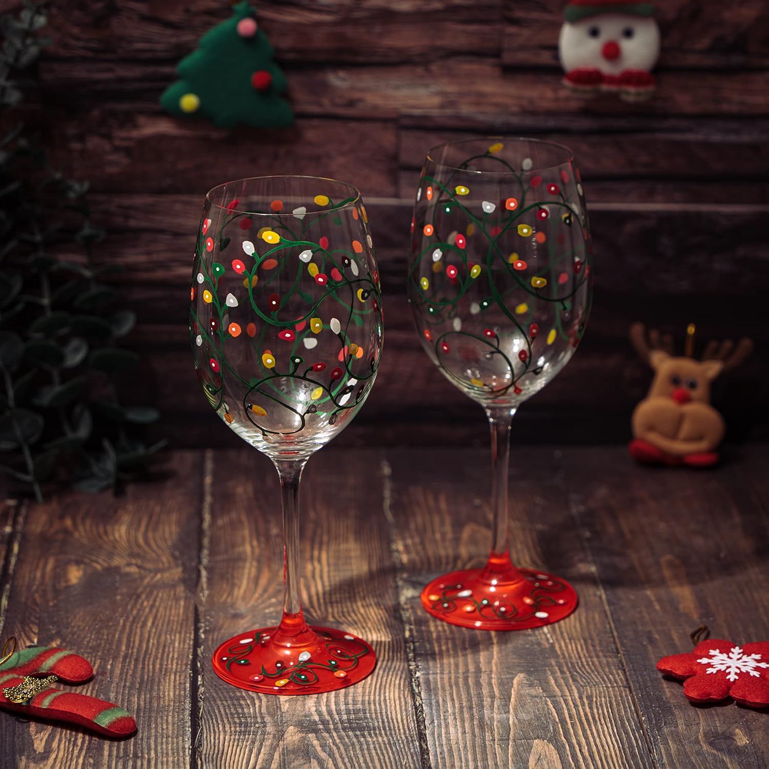 Festive Themed Lights Stemmed Wine & Water Glasses – Artisanal Hand Painted Ornament Light Bulb Design – Tree Motif – Set of 2, 21oz Decorative Glassware Party Wedding Gifts - Image 5