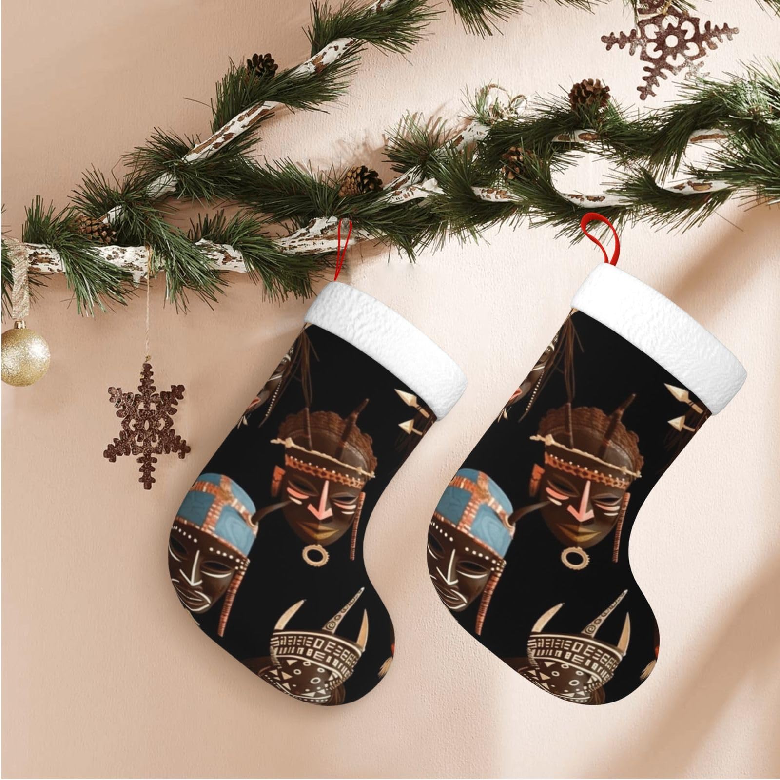 Fodpand Boys Black African Ritual Ethnic Tribal Christmas Stockings Hanging Ornaments For Holiday Decor, 18 Inches Velvet Xmas Stocking With White Plush Cuff, Candy Gift Bags For Christmas Decorations