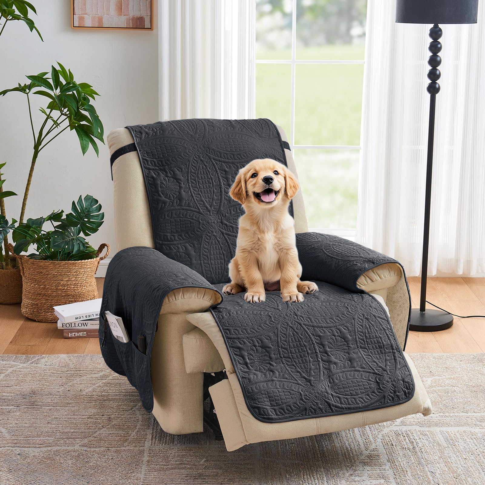 Black Recliner TV Chair Covers, Quilted Décor Water-Repellent Medium Lazy Boy Chair Covers, Pet Friendly Recliner Slipovers for Dogs Cats, Washable Couch Cover (Recliner 26", Black)