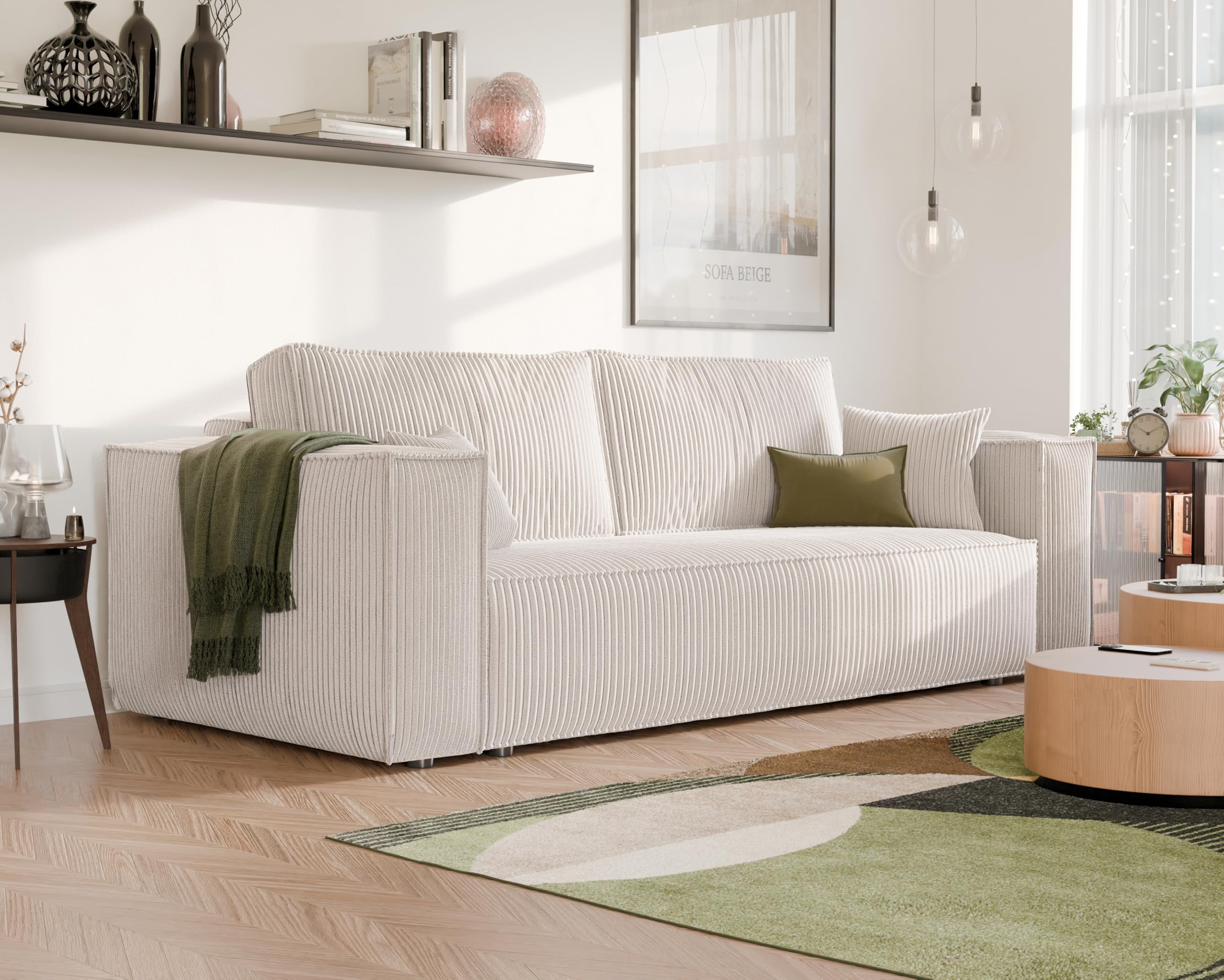 GREKPOL Schlafsofa mit Bettkasten 240x105 - Cord Beige Sofa mit schlaffunktion - Couch mit Schlaffunktion- 3 Sitzer - Wohnzimmer Couch - Schlafcouch