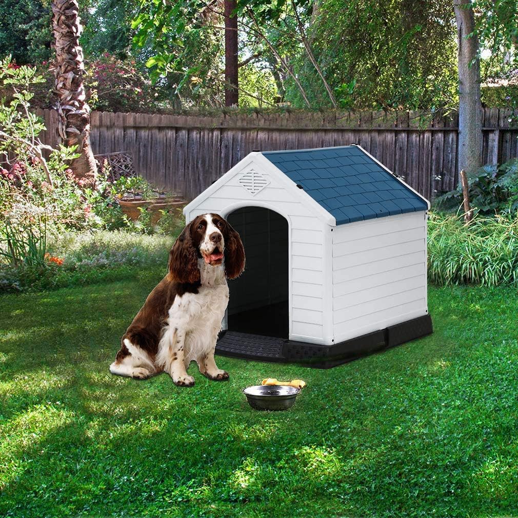 Dkeli, White Large Dog House Indoor Outdoor Waterproof Ventilate Plastic Dog House Pet Shelter Crate Kennel with Air Vents and Elevated Floor for Small and Medium Dogs, Easy to Assemble