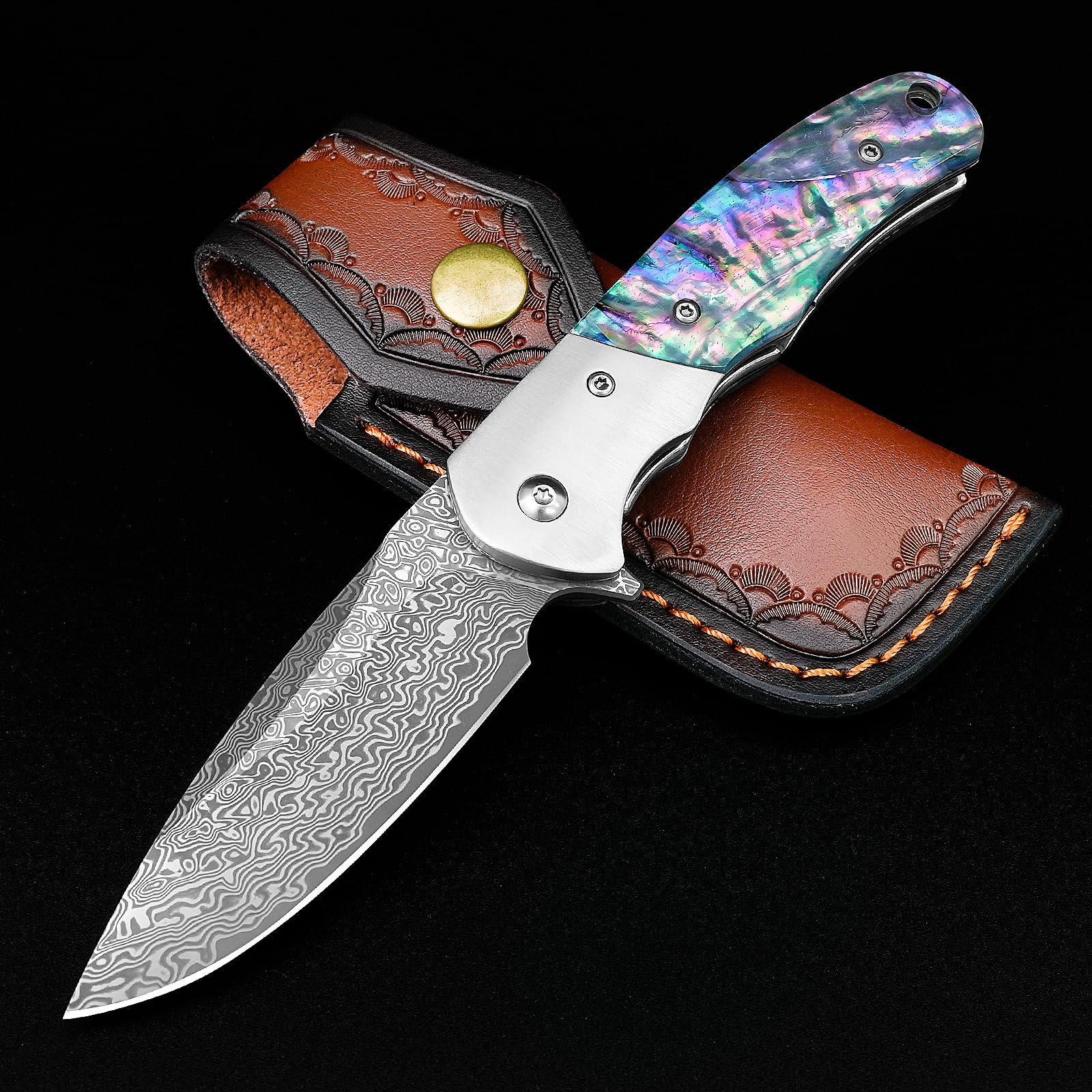 KOMWERODamascus Pocket Knife, Damascus Steel Folding Knives with Abalone Shell Handle, EDC Knife for Outdoor Camping Collection