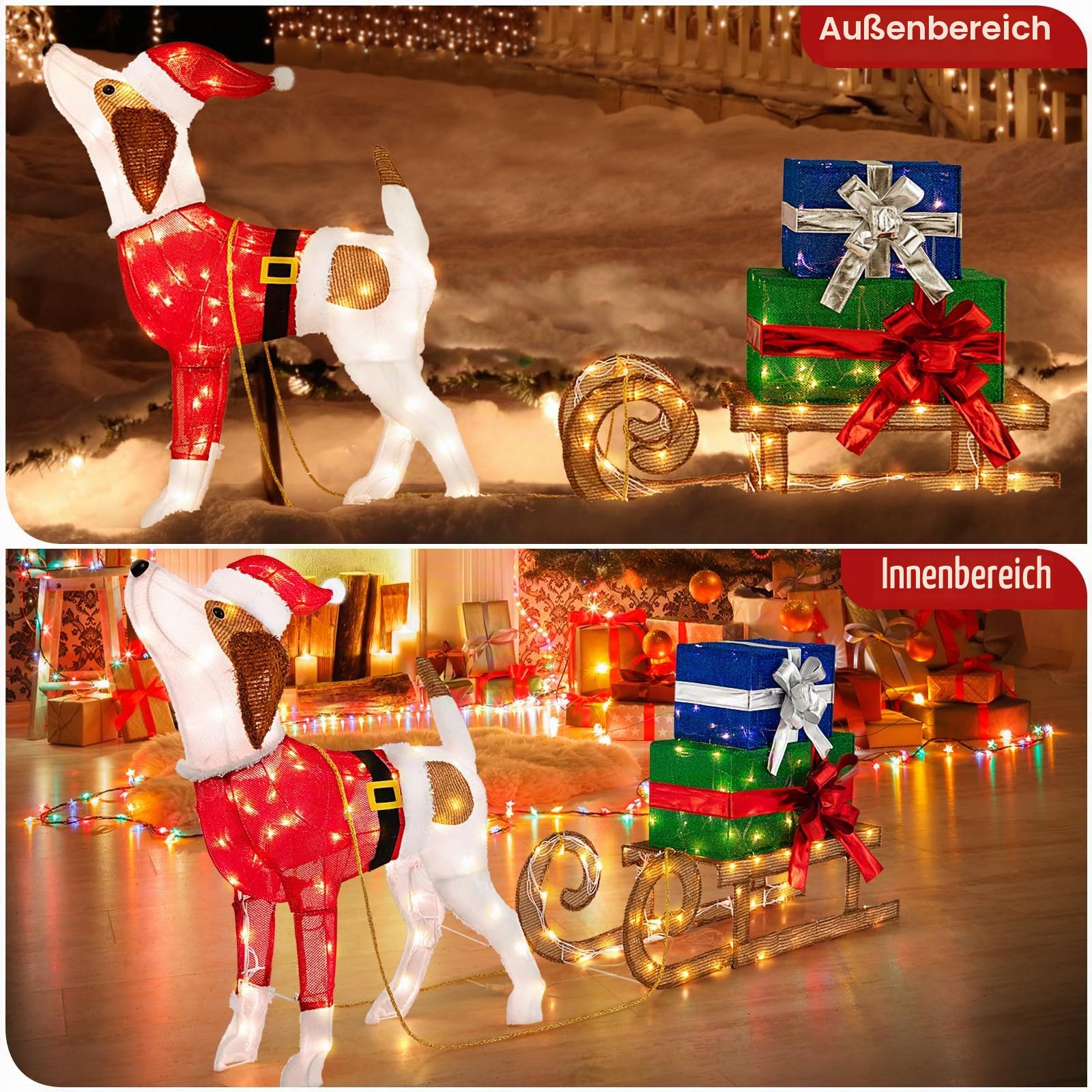 FANTASK Hundeschlitten und Geschenkbox mit 170 warmen LED-Lichtern, Weihnachtsdeko Hund mit Schlitten, Weihnachtsdekoration für außen und innen