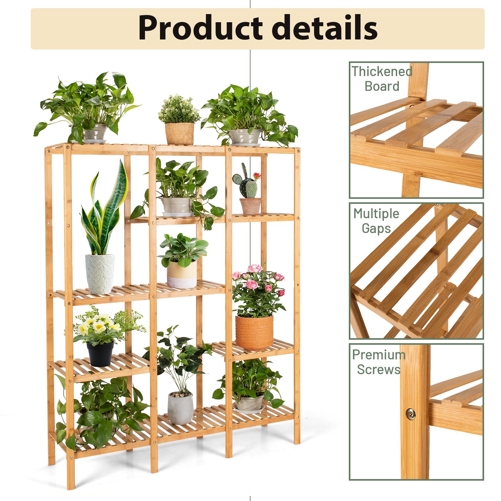 HOMASIS Blumenregal mit 5 Ebenen, Pflanzenregal aus Bambus, Pflanzenständer mit 12 Ablageflächen, Blumenständer Blumentreppe für Wohnzimmer, Balkon, Garten, Terrasse, 114 x 31,5 x 141 cm , Natur