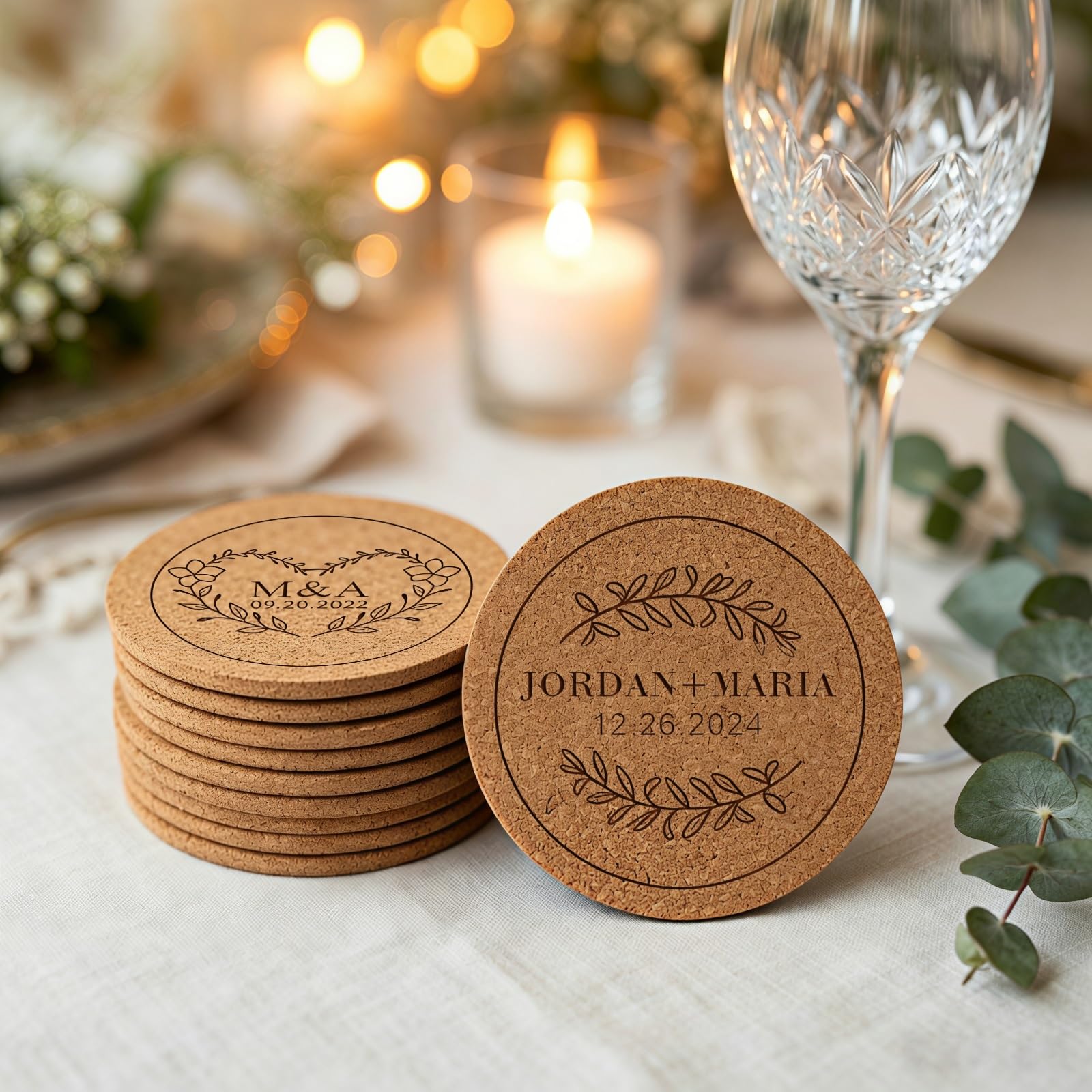 5/10/20/50/100 Pcs Personalized Wedding Coasters, Custom Engraved Rustic Cork Coasters For Reception Table Decor, Bridal Shower Party Favors