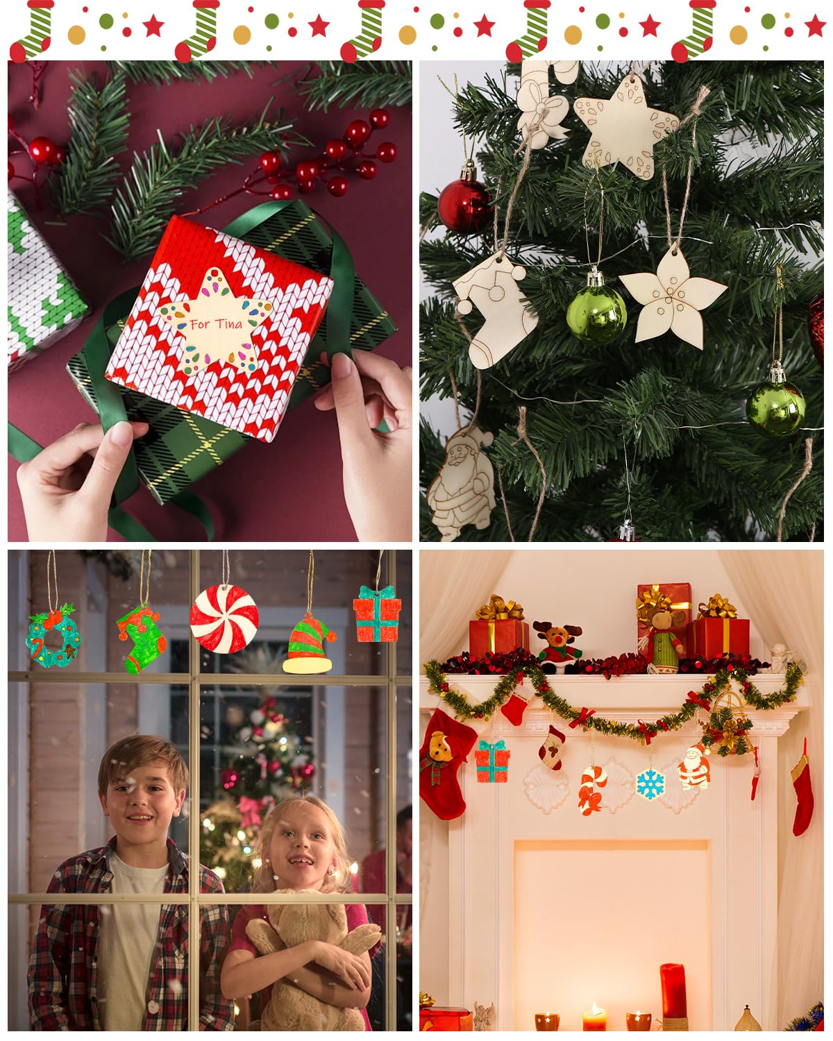 410 Piezas de Madera Pintadas de Navidad Colgantes de árboles de Navidad de Madera, Decoración de árboles de Navidad