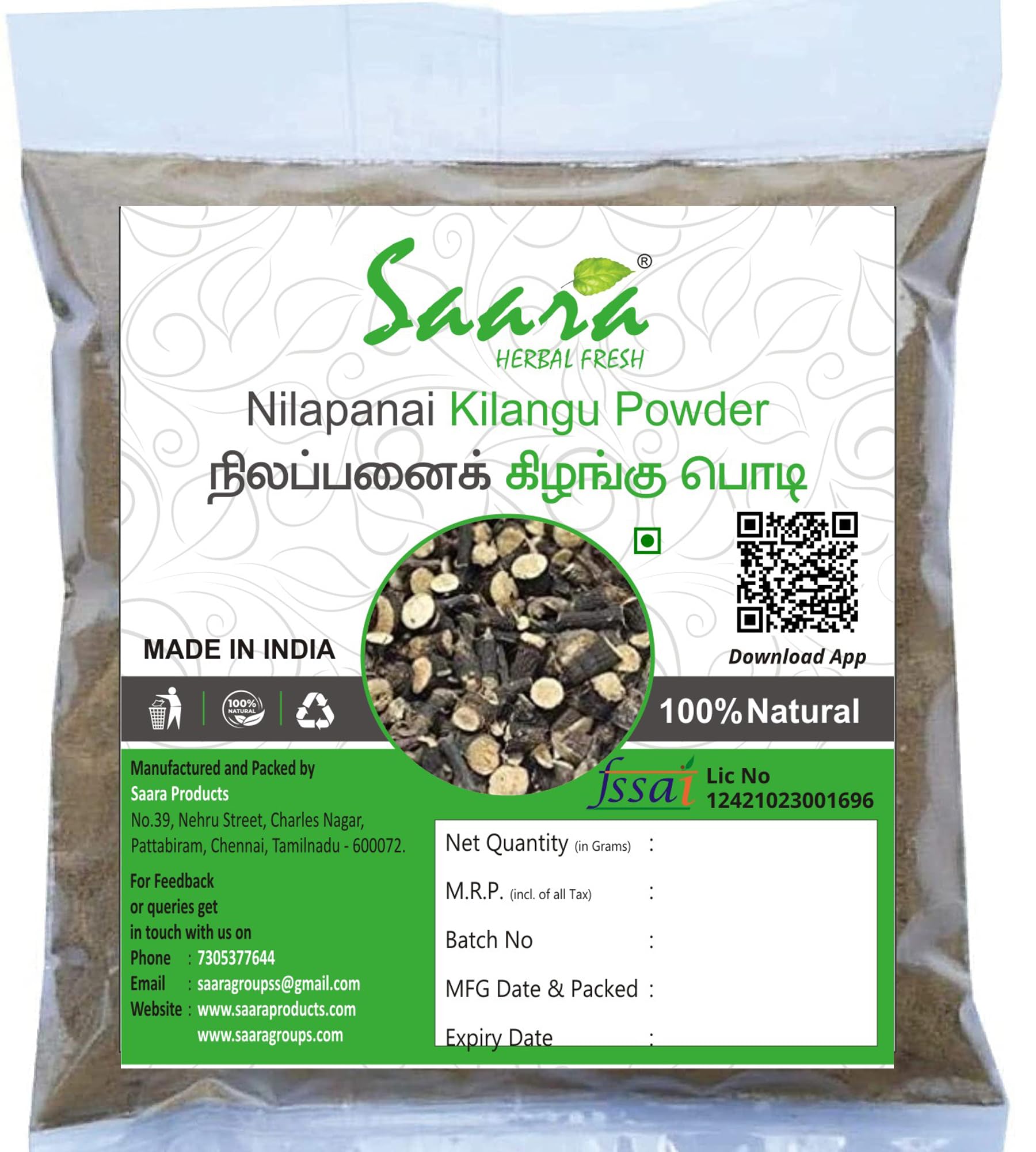Saara HERBAL FRESH Nilapanai Kilangu Powder,100g, Kali Mooslie (Black), Nelpana, Curculigo Orchioides Powder,Kali Musli, Nelamuli Powder,(pack of 1 x 100g)
