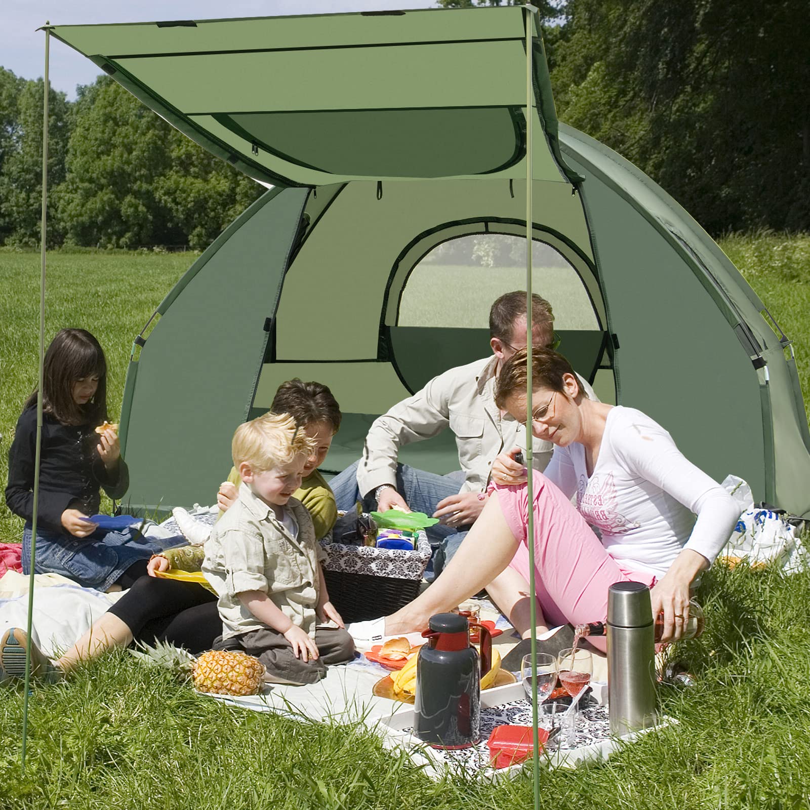 HOMASIS Campaña de Camping con Tienda, Cama de Camping con toldo, Colchón de Aire, Saco de Dormir y Almohada, Tumbona de Camping con Bolsa de Transporte para 1/2 Persona, Verde