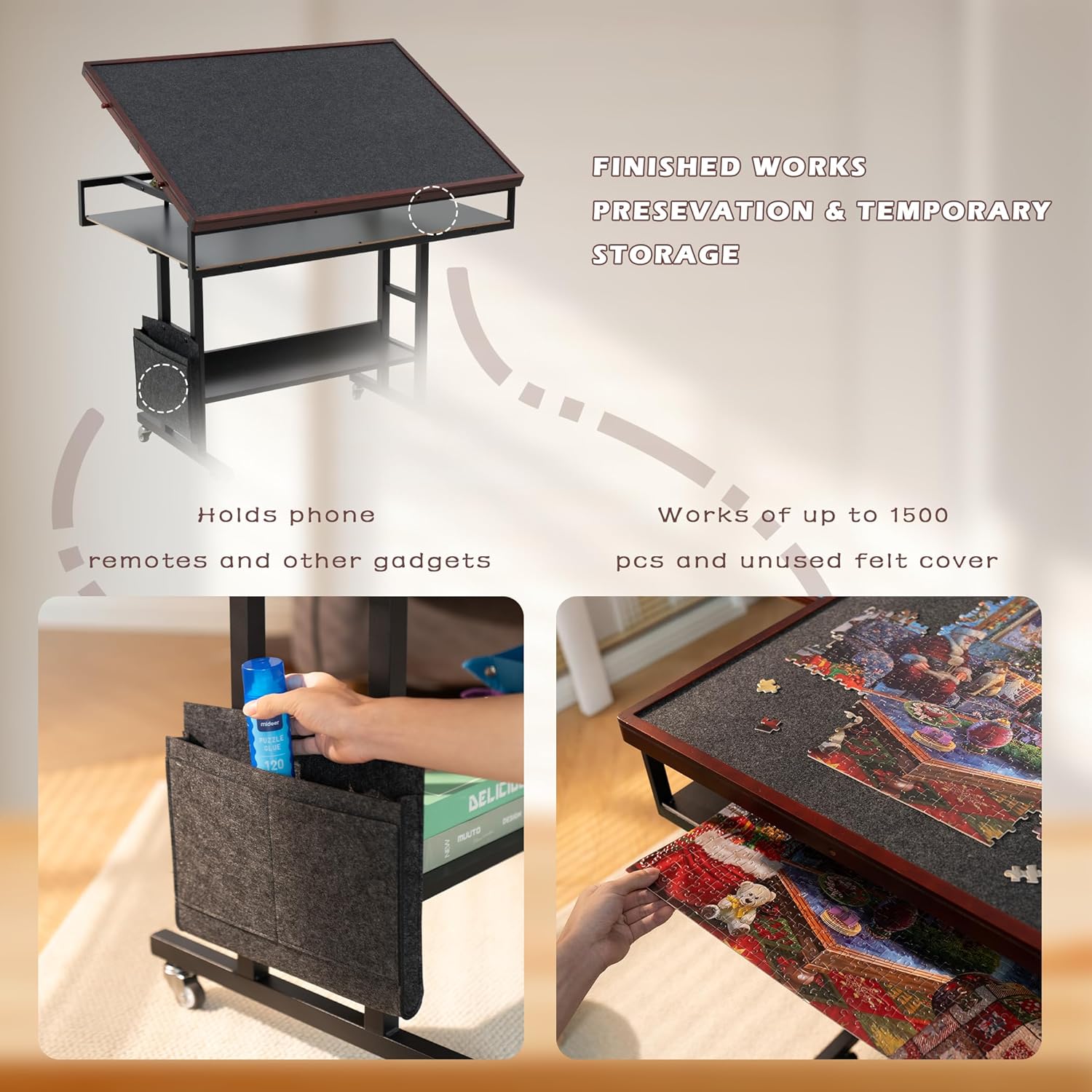 Yesday 1500 Piece Jigsaw Puzzle Table Height Adjustment, Puzzle Board with Cover & 5 Sorting Drawers，Puzzle Easel Tilting Table with Legs, Enclosed with 4 Roller Wheels