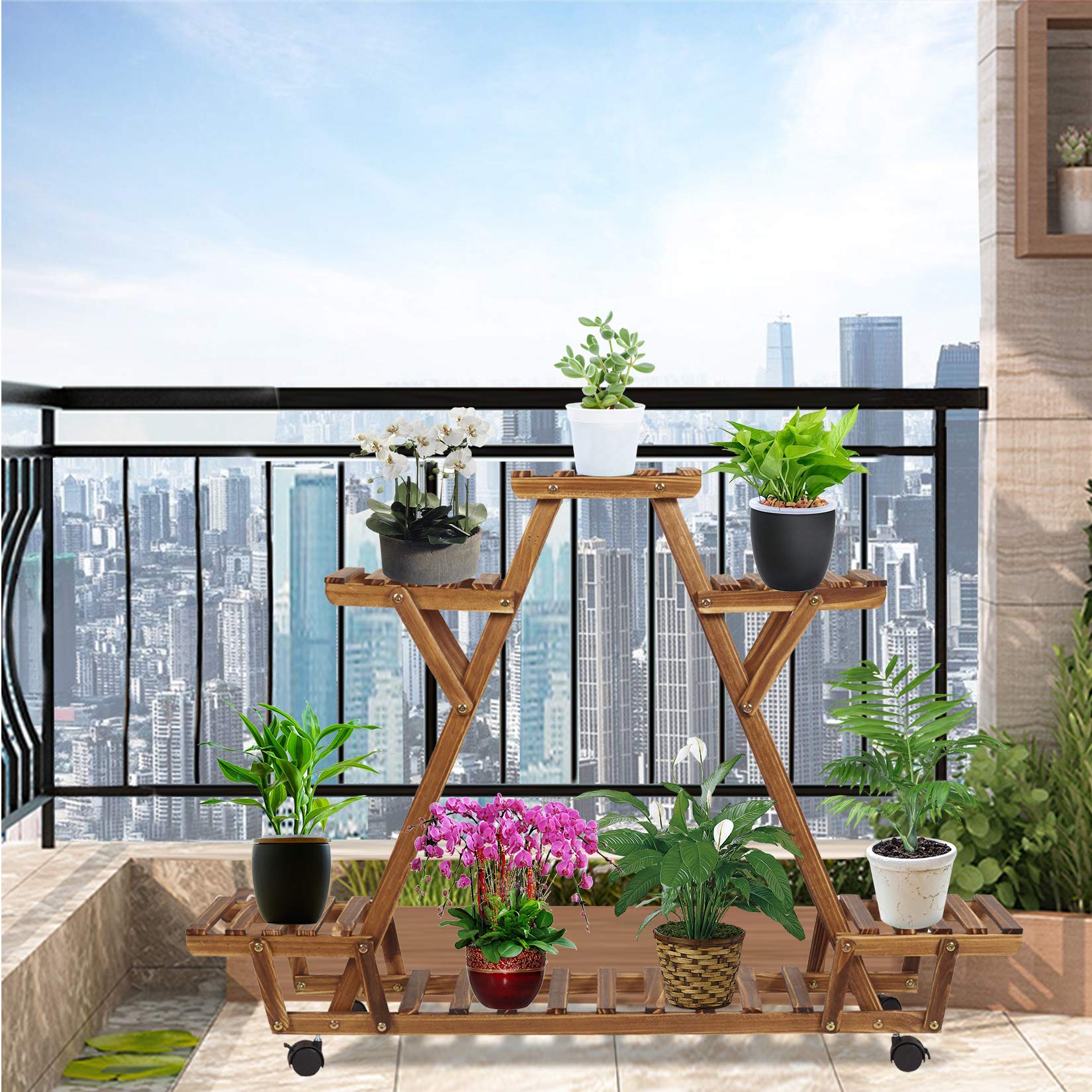 unho Porte Plante à Roulettes, Étagère Plantes Bois avec 6 Tablettes, Support Pot de Plante, Capacité de Charge Max 38kg, Conçu Pour Jardin, Balcon, Terrasse - 91x81x25cm