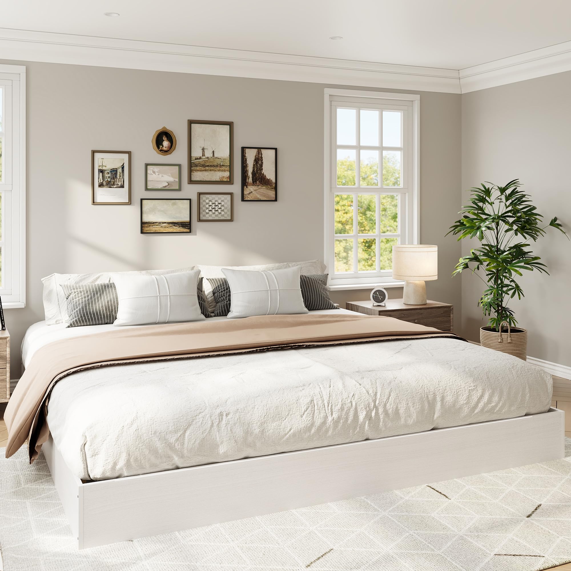 Garvee King Size Solid Wood Platform Bed with Sturdy Wooden Slats, Floor-Standing Bed Frame, Modern Minimalist Design Bed Frame, No Box Spring Needed, Space Saver, Easy Assembly, White