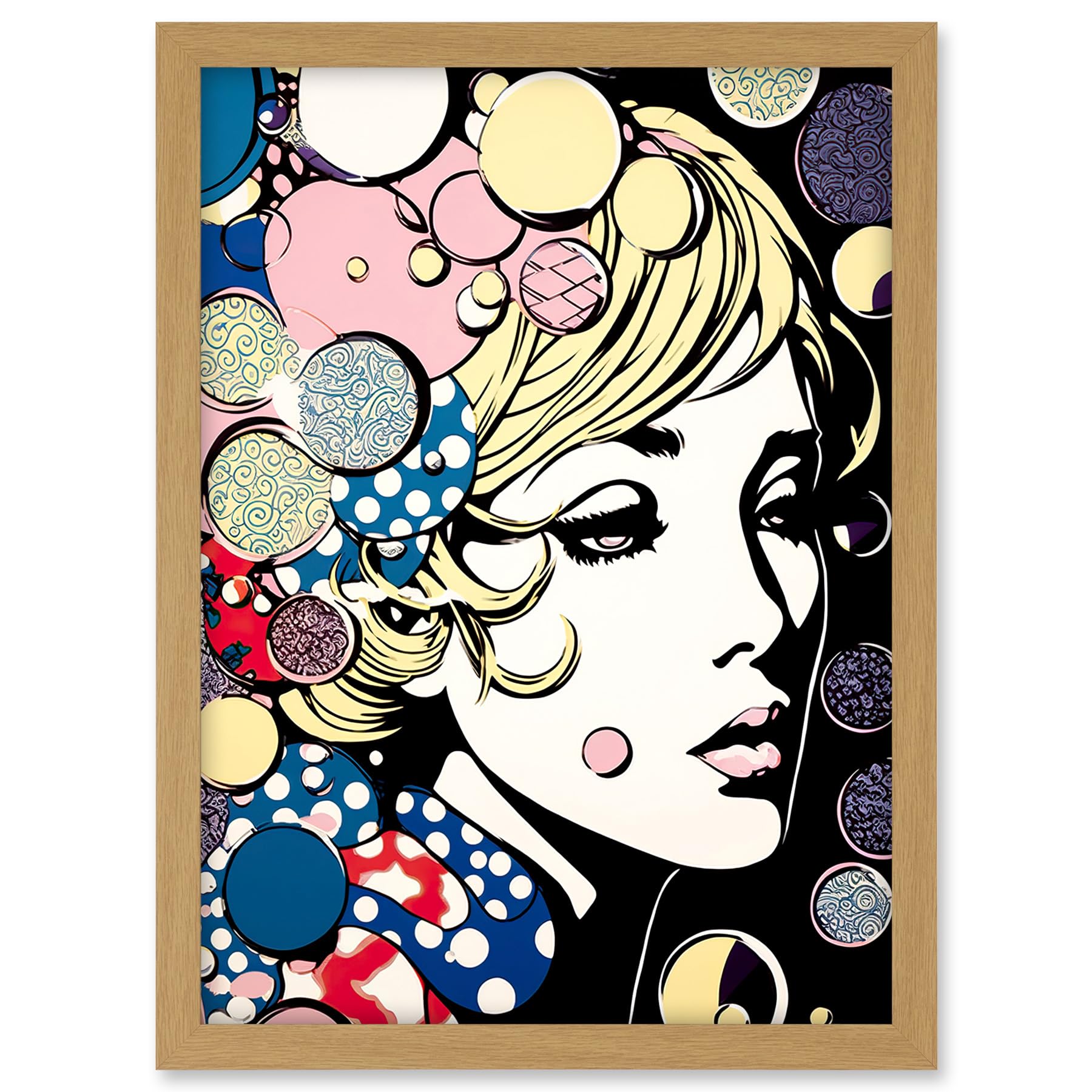 Artery8 Modern Woman Blonde Portrait Pop Art Bubbles Patterns Colourful Comic Book Halftone Artwork Framed A3 Wall Art Print
